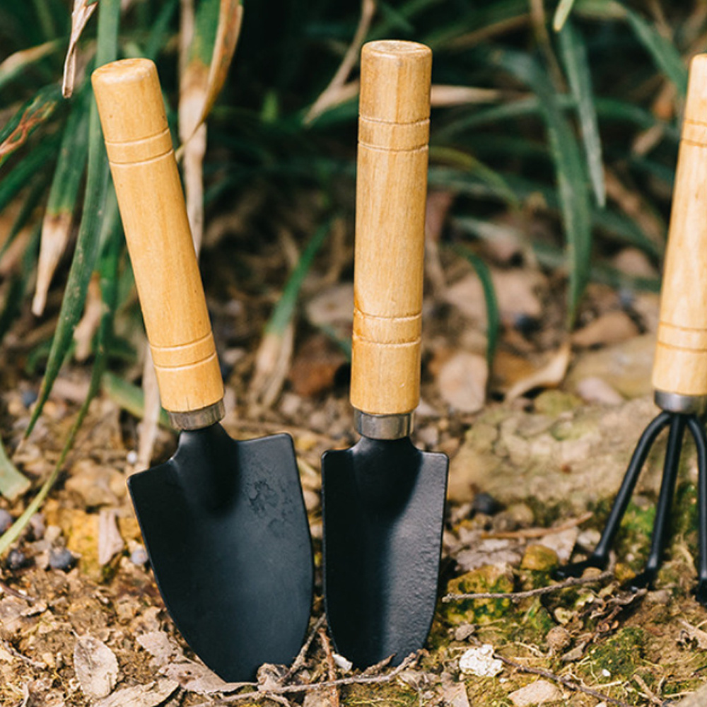 居家盆栽鏟 木柄鏟 耙子 尖鏟 園藝 多肉鬆土鏟 花鏟 鏟子 三件套 [平行進口] HK2697