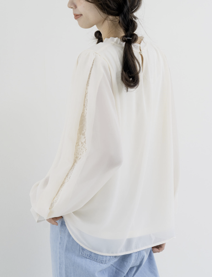 袖花紋蕾絲開衩襯衫 - 2026 流行穿搭  蕾絲襯衫 春夏時尚穿搭 柔軟舒適 成人休閒 日常穿搭 易於配搭 日本直送   #JP-I-260013