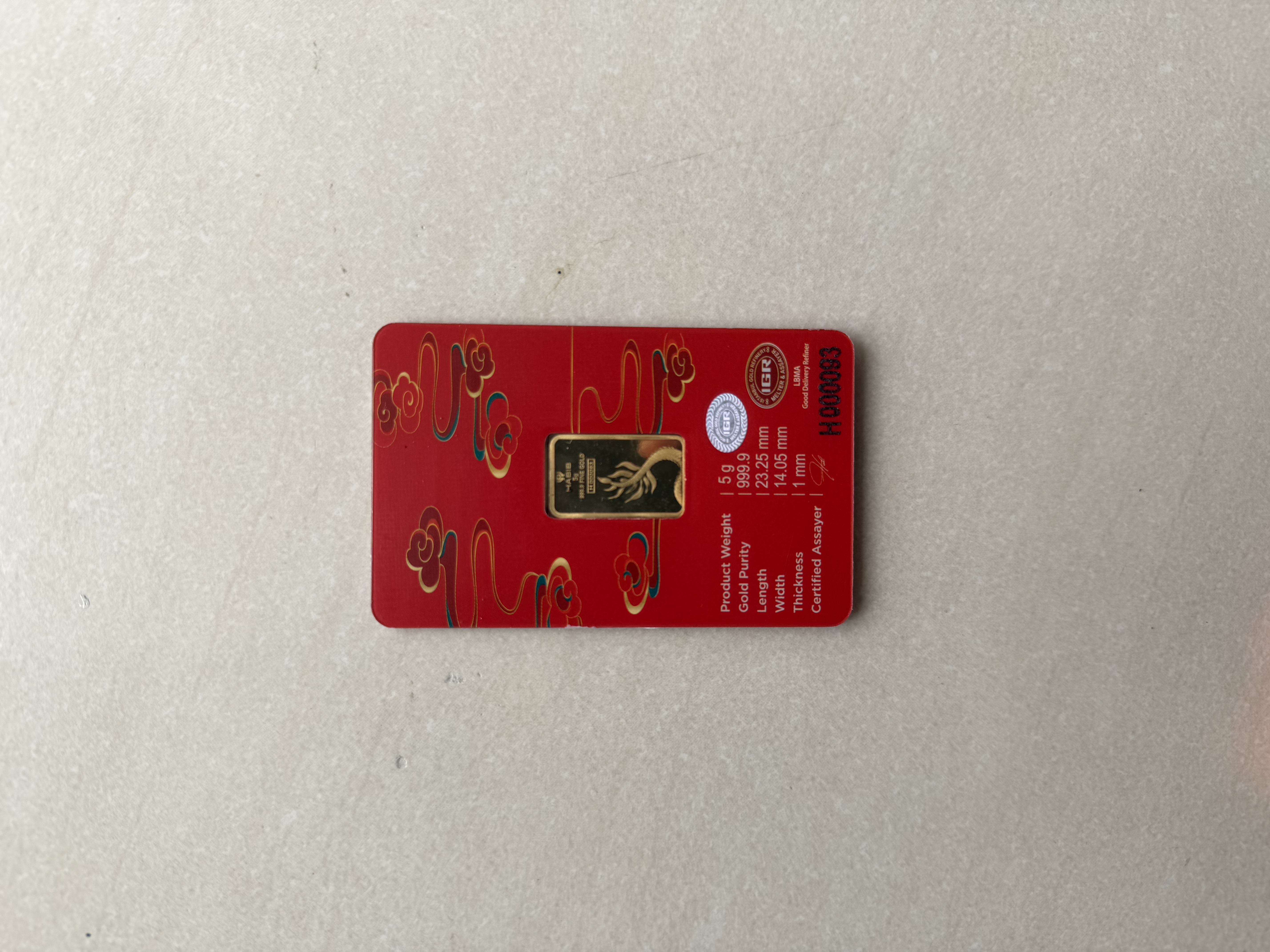 (Nice SN:93) HABIB 2024 Lunar Dragon 5g LBMA Fine Gold Bar Emas 999.9 生肖龙