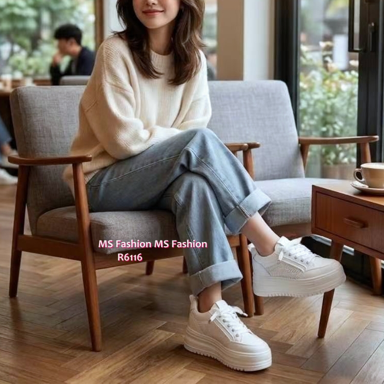 R6116 韓國🇰🇷真皮厚底拼網料sneakers