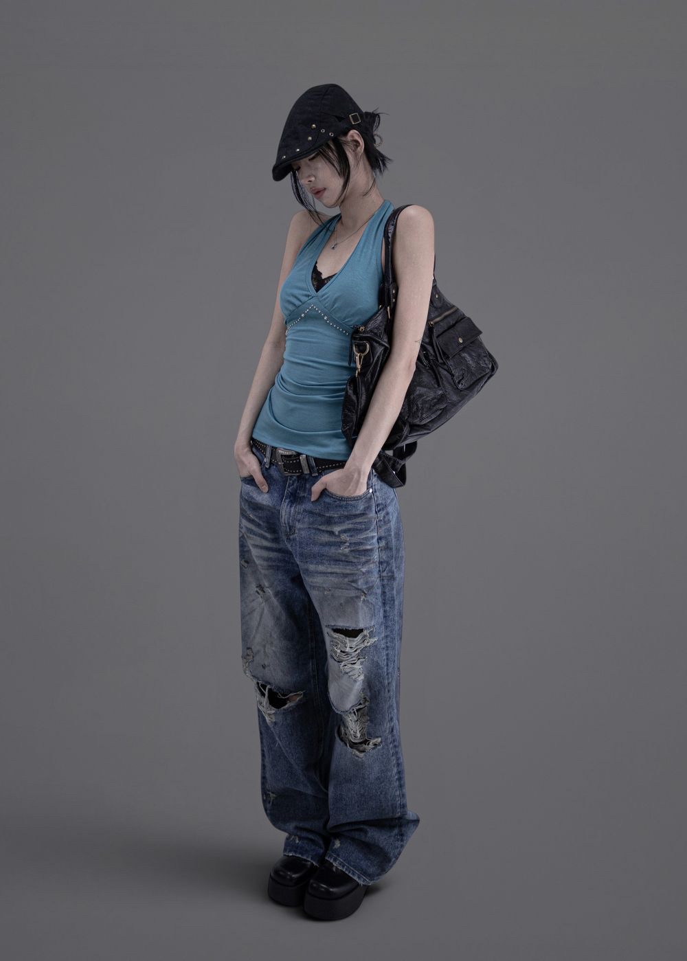 Studded Ruched Halterneck Top