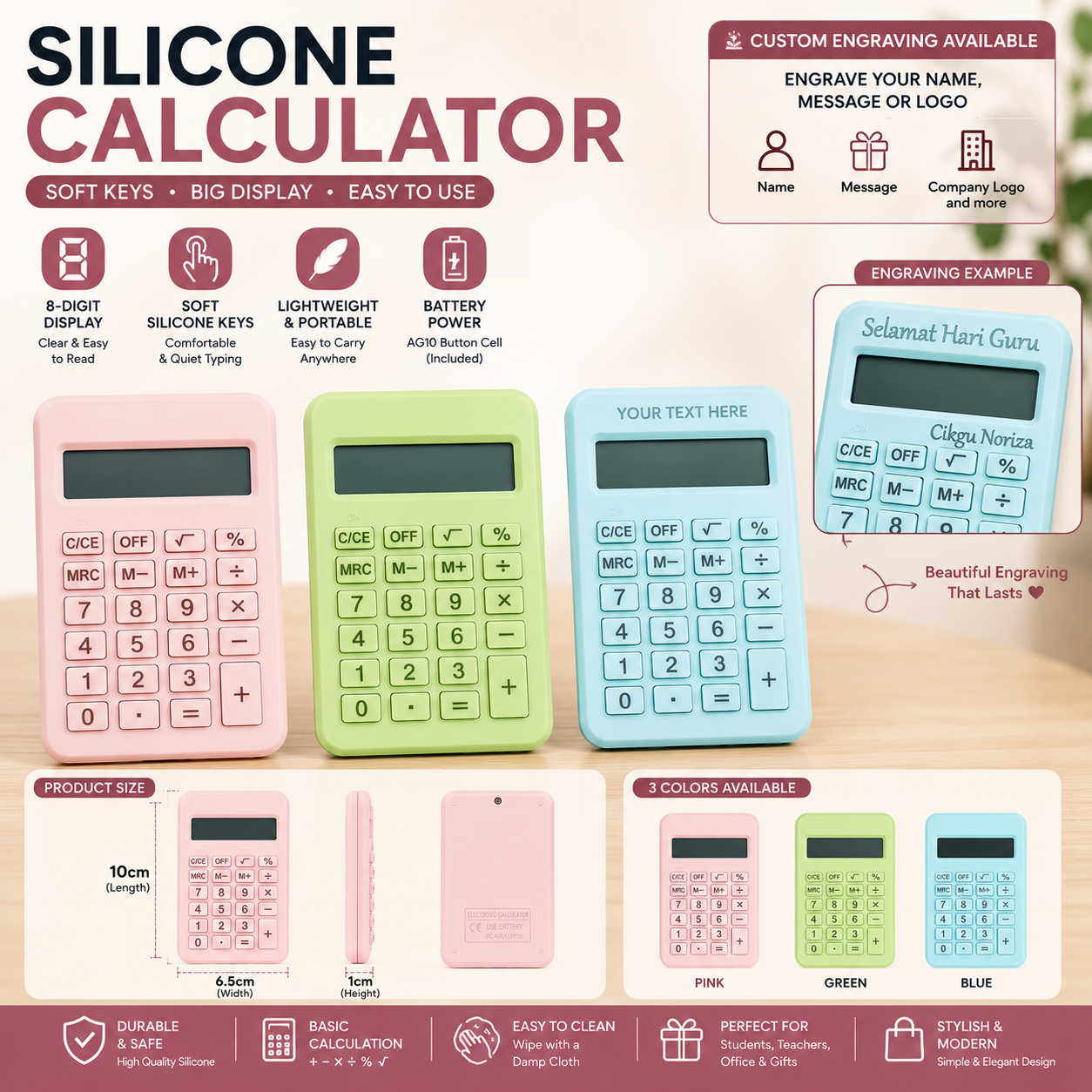CUSTOM LOGO AND WORDS 丨 Pastel Silicone Calculator – 8-Digit Portable Calculator