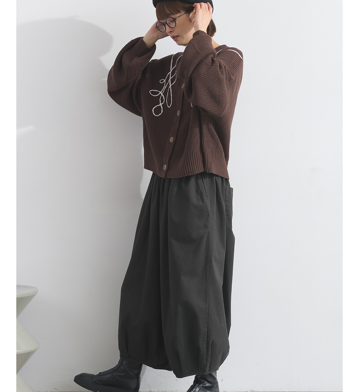 LP - 絲帶織紋開襟毛衣 (咖啡色)