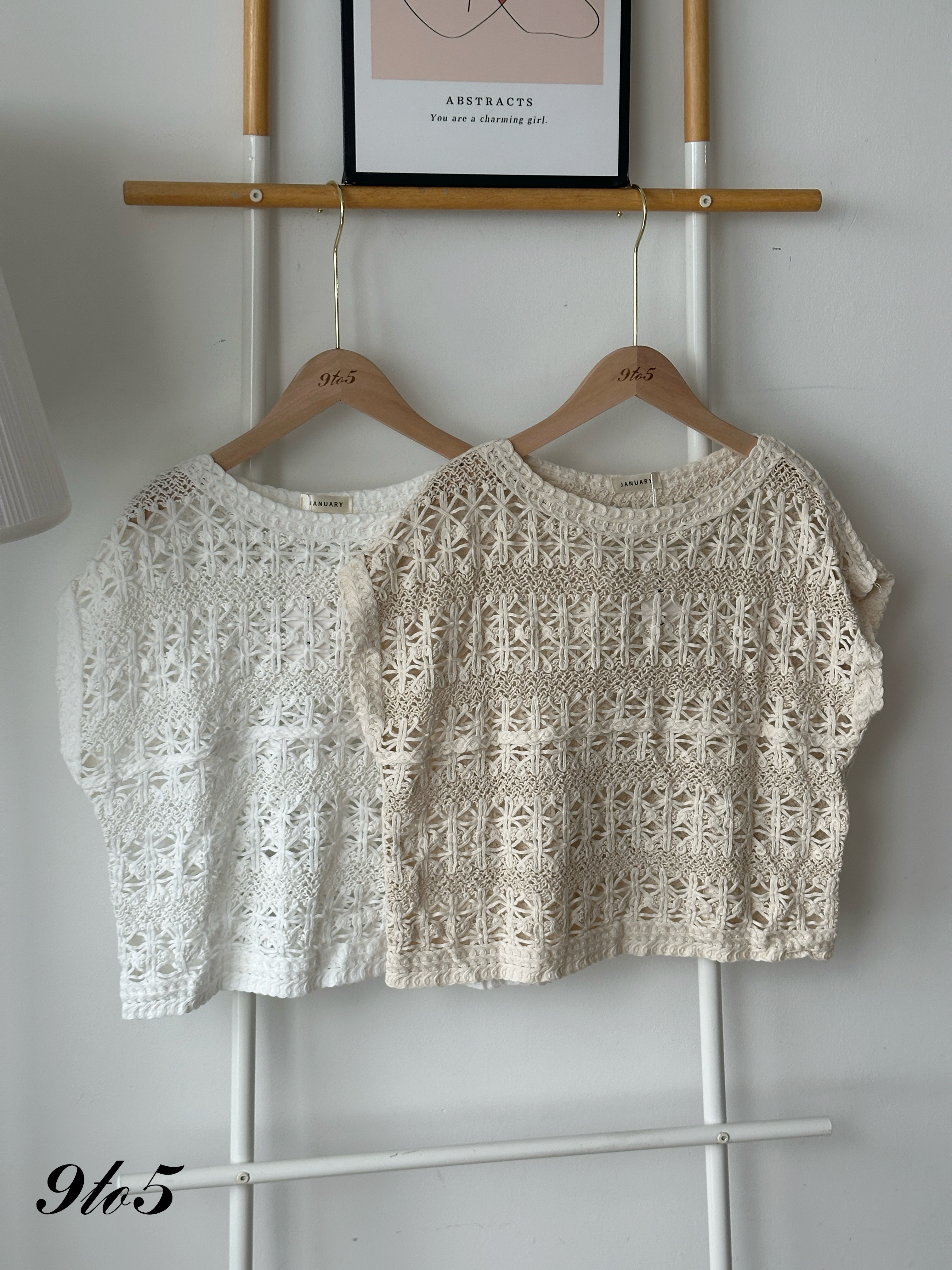 T4221 Cape Sleeve Crochet Top - Beige & White