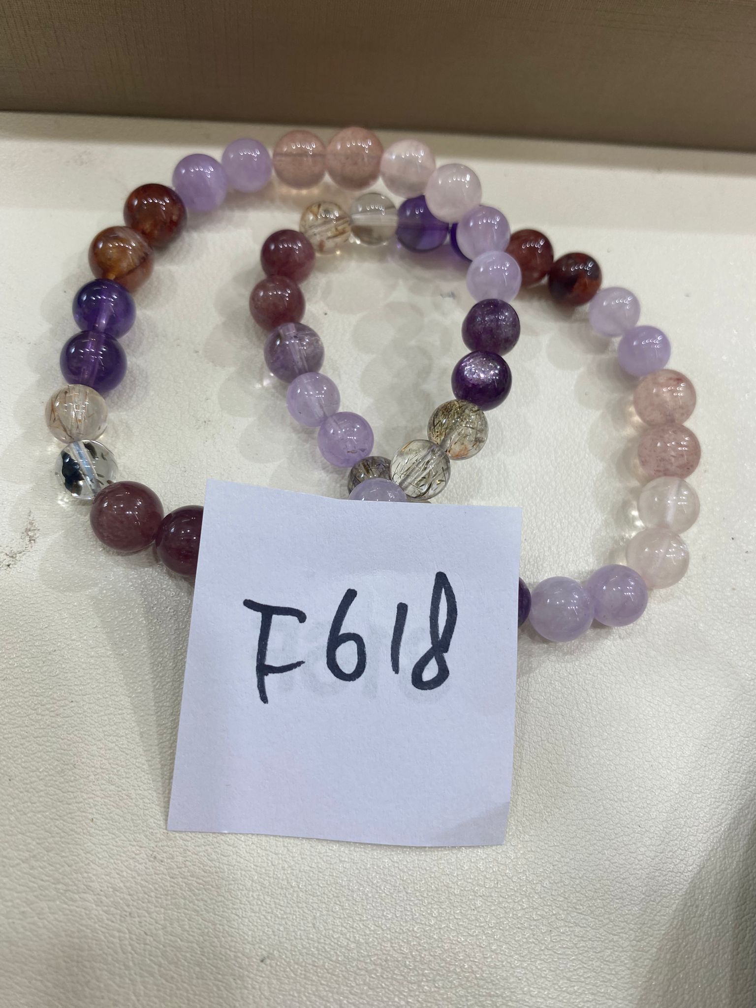 F618 紫水晶拼草莓晶拼紅膠花手串 8mm 