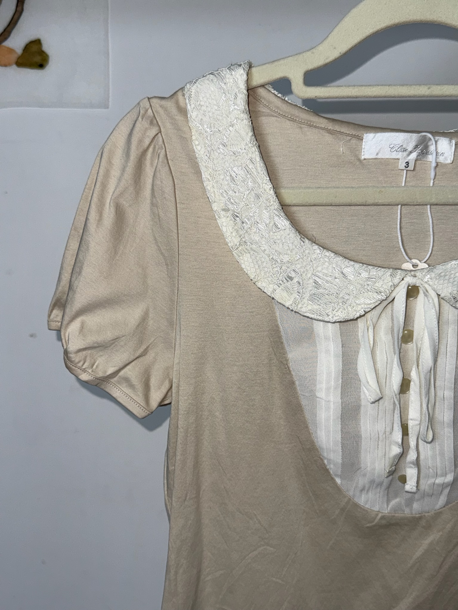 Vintage Lace Collar Pleated Inset Puff Sleeve Top