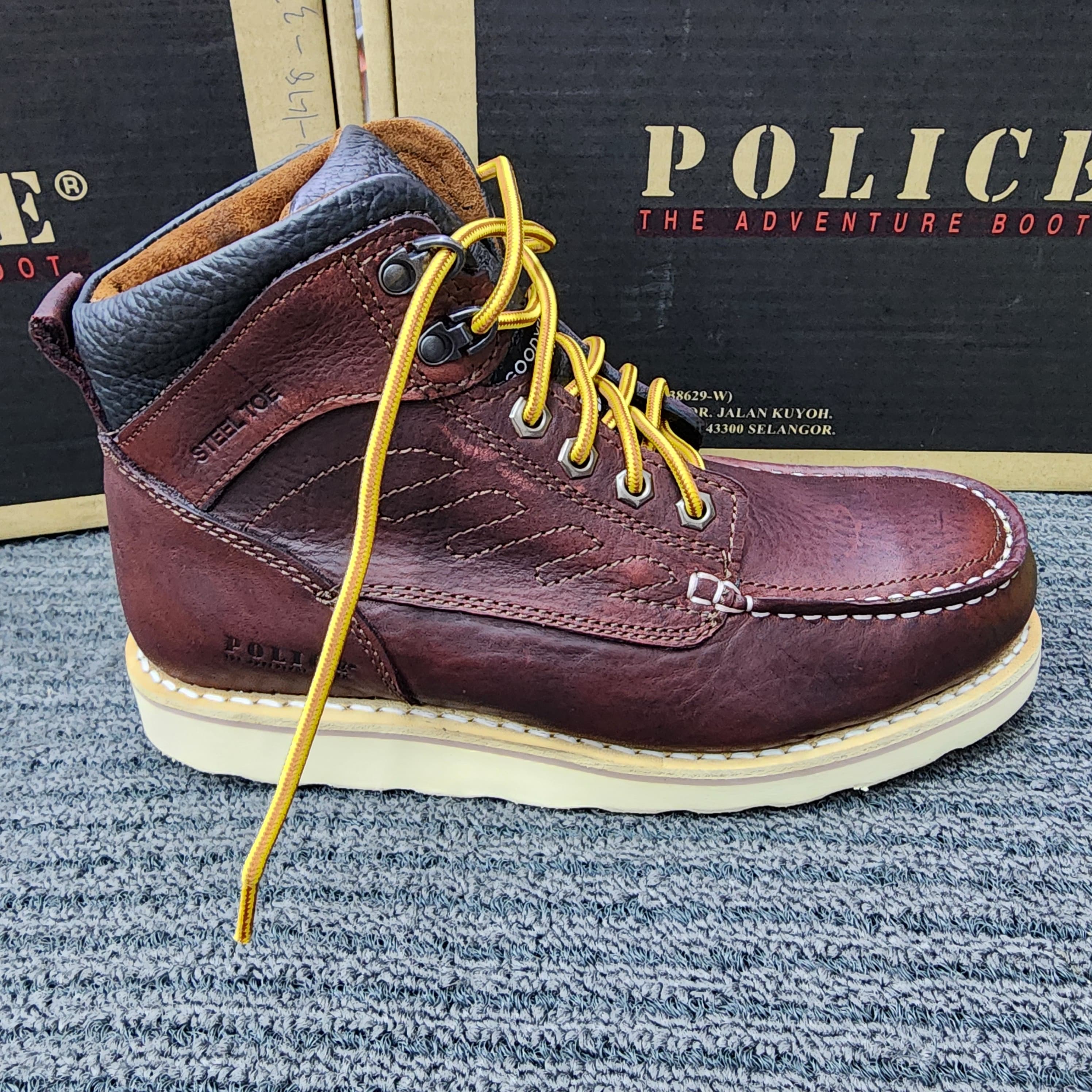POLICE SAFETY SHOES 92970 Mid Cut Lace Up brown Goodyear Welt Stitching Kasut Keselamatan