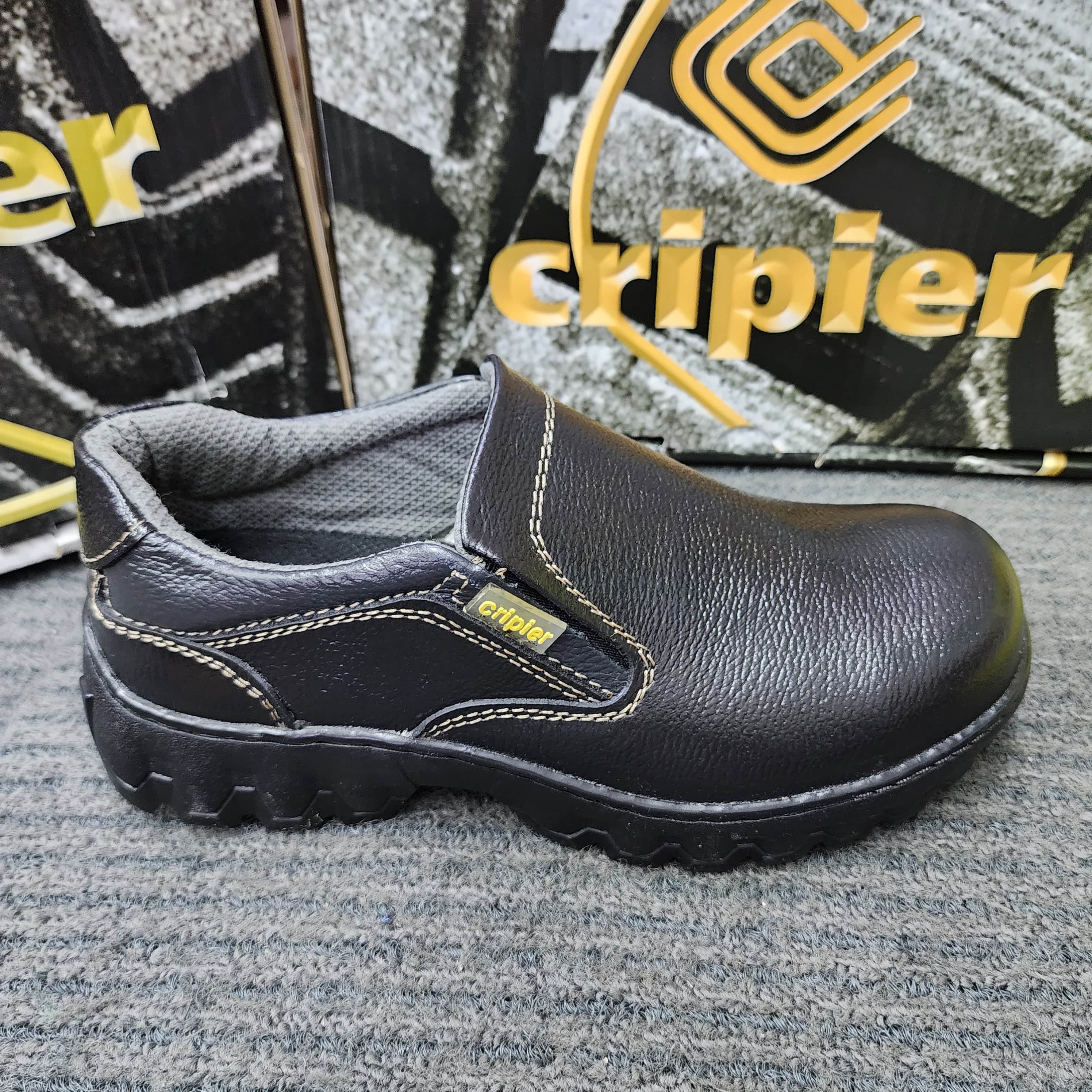 CRIPIER 6044 SLIP ON SAFETY SHOES SIRIM DOSH LOWCUT Black Leather Keselamatan Male Steel Toe Tahan Lasak
