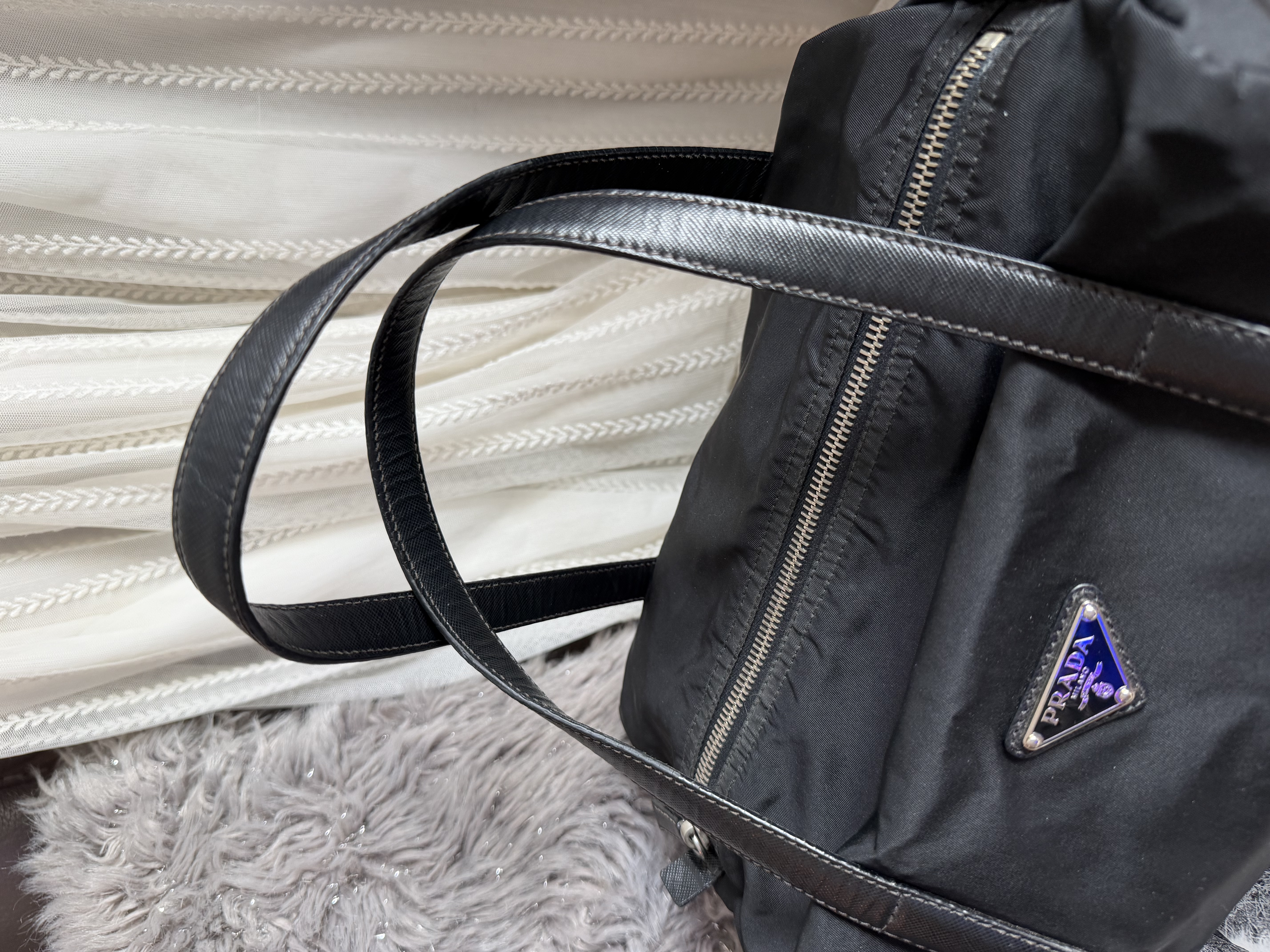 Prada black nylon / leather shoulder tote bag