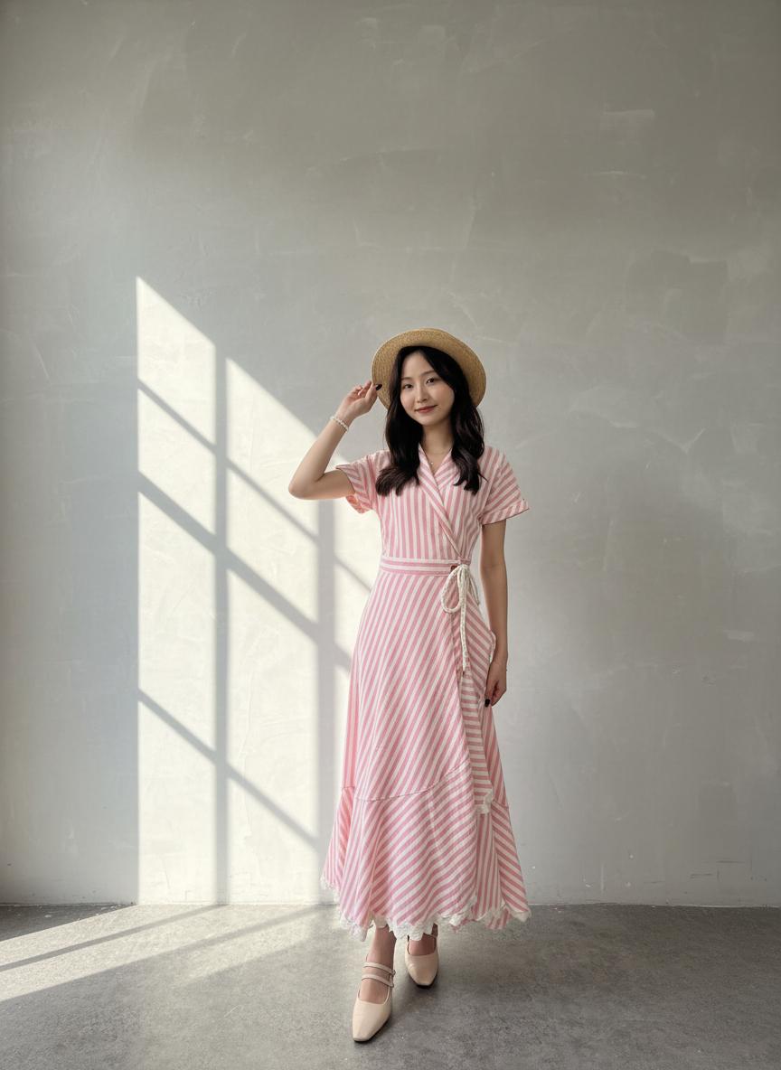 條紋裹身連衣裙