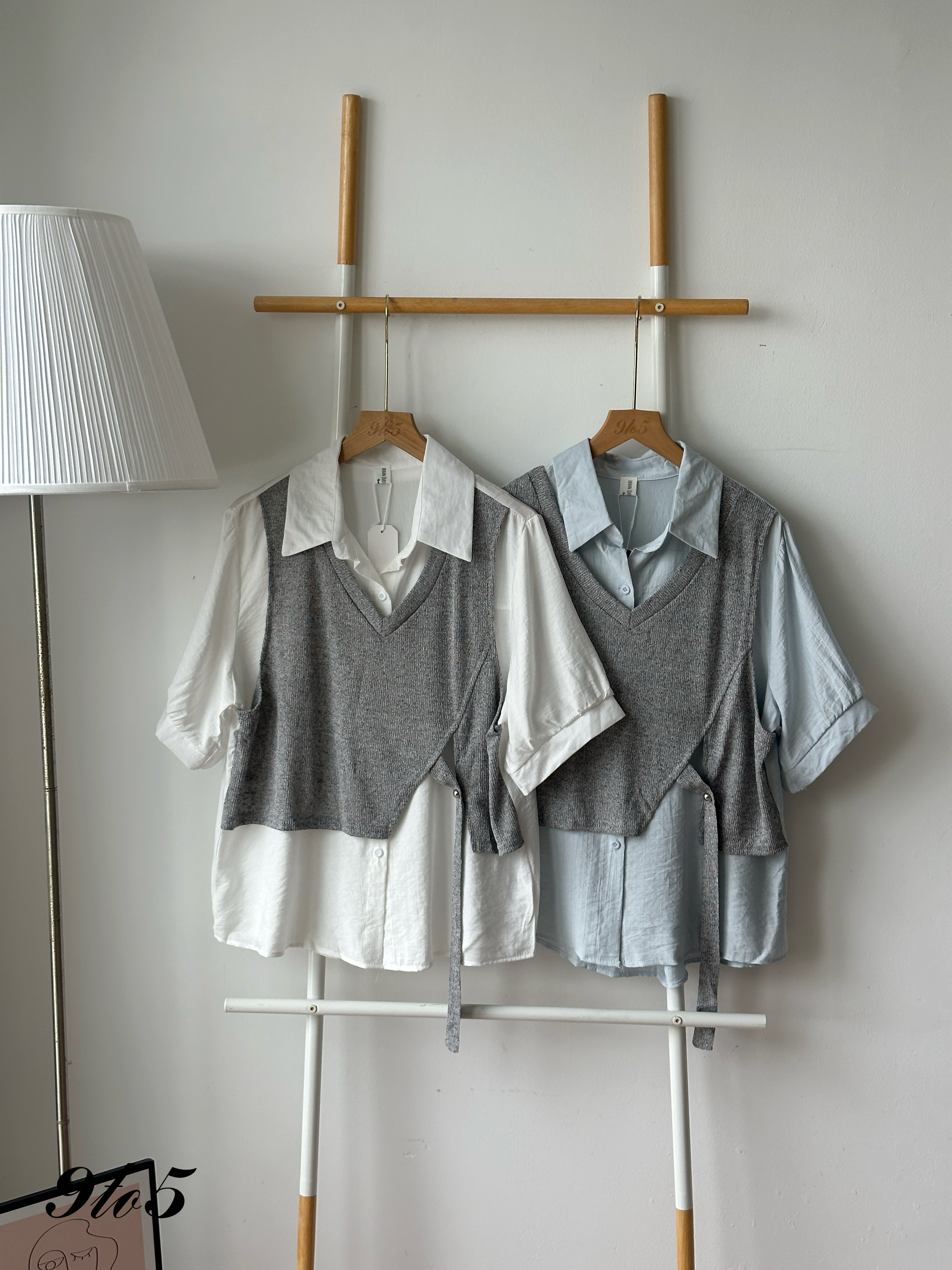T4278 Fake Two-Piece Oversize Shirt - Blue & White