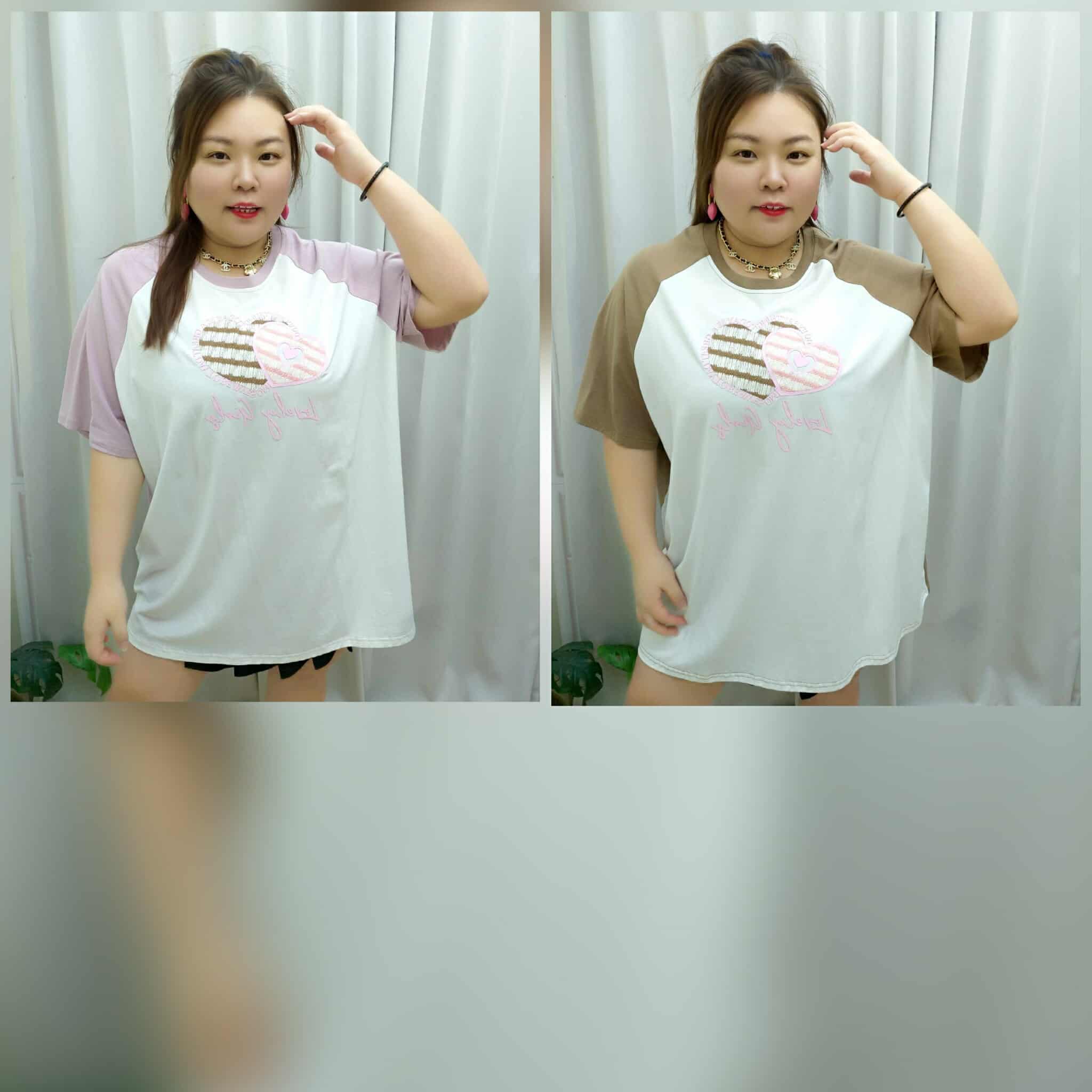 TW#58516 立体刺绣爱心设计圆领大T