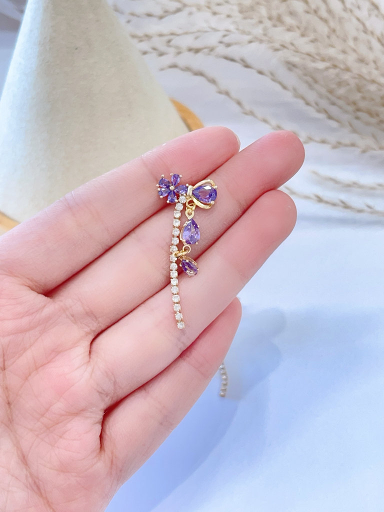 紫色控~! 紫色锆石蝴蝶结小花耳环