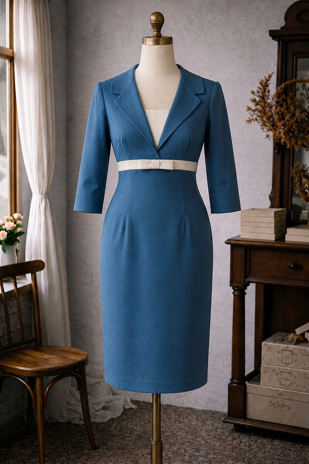 (Ready Made) 1960s Style Blue & White Secretary Wiggle Dress(FM193)