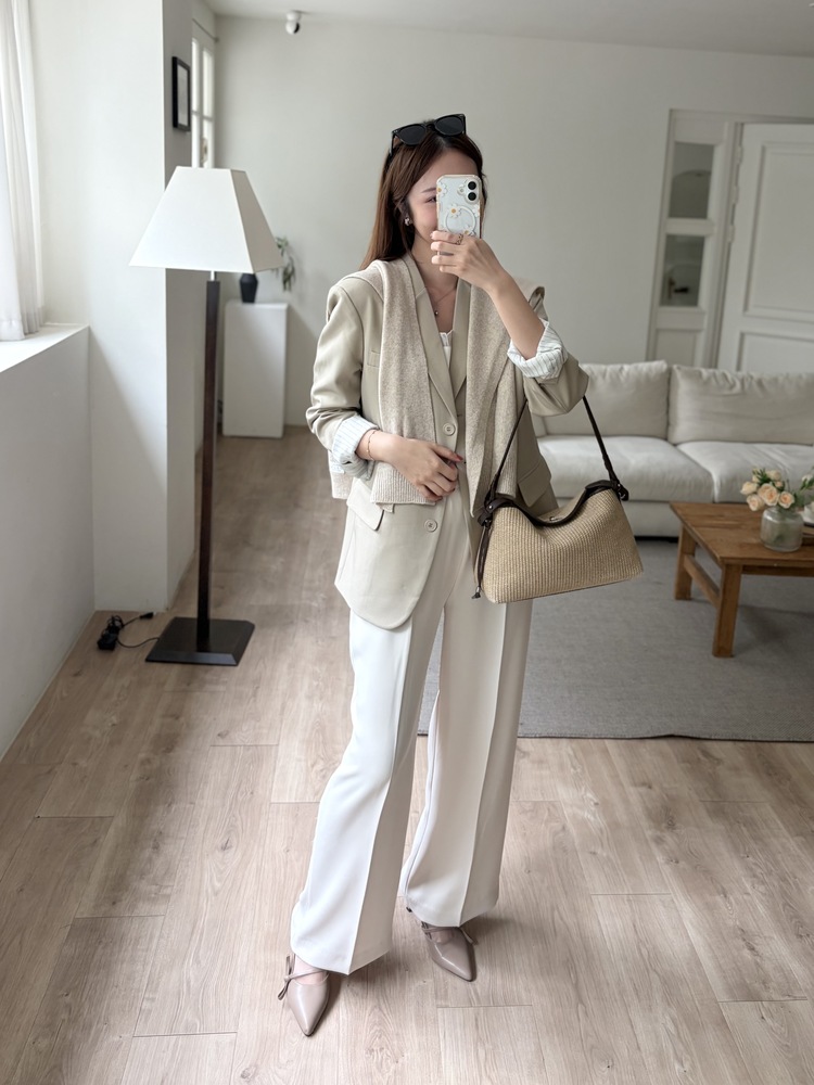 Margot Blazer with Striped Cuffs (Beige)