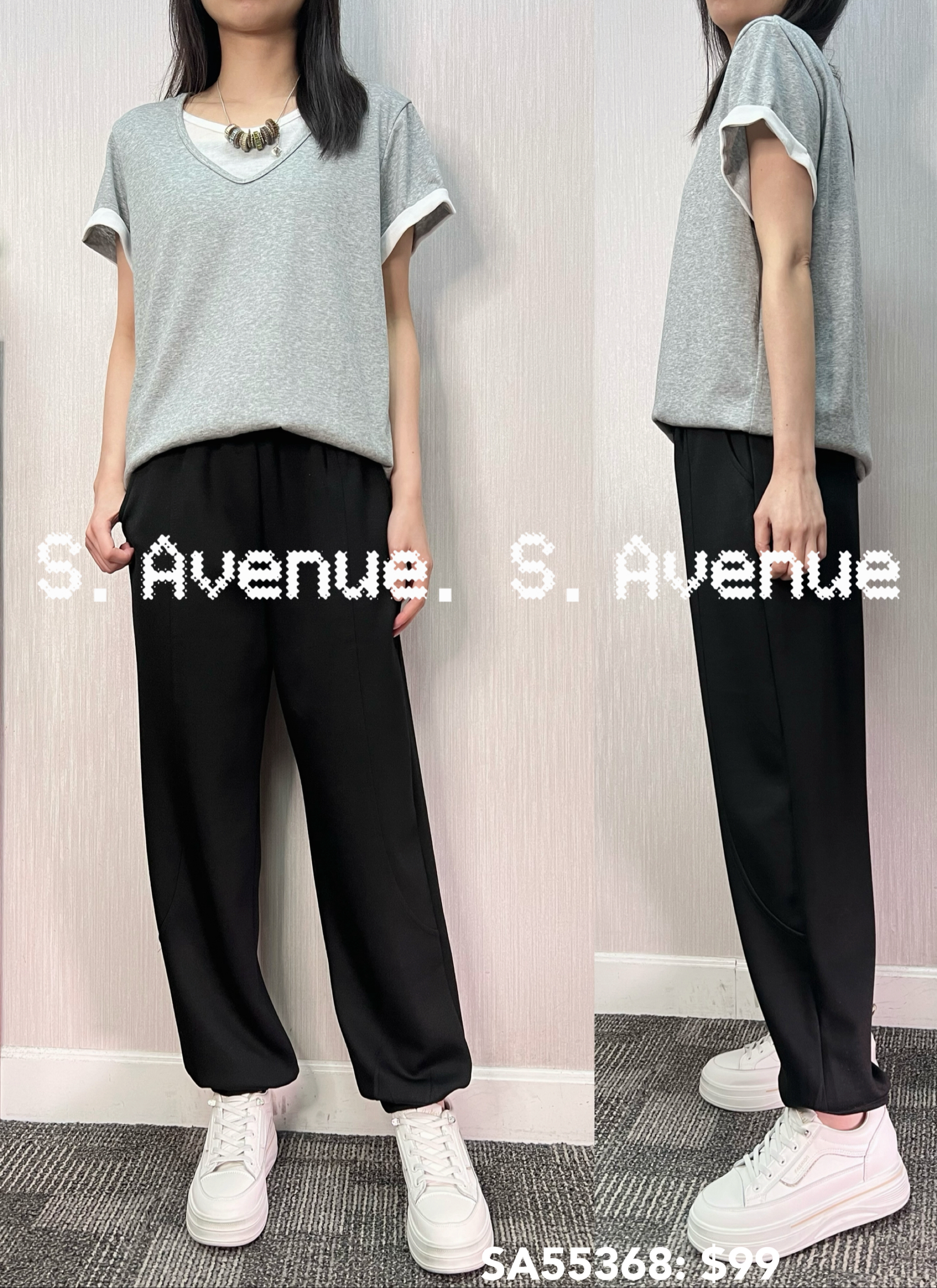 SA55368: 短袖V領淨色假兩件tee