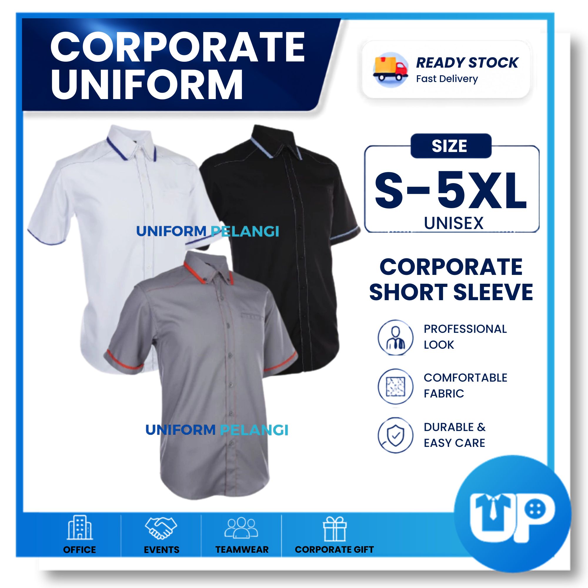 F130 Unisex F1 Corporate Uniform / BAJU KORPORAT / PV BUTTON-DOWN COLLAR SHORT SLEEVE (F130)