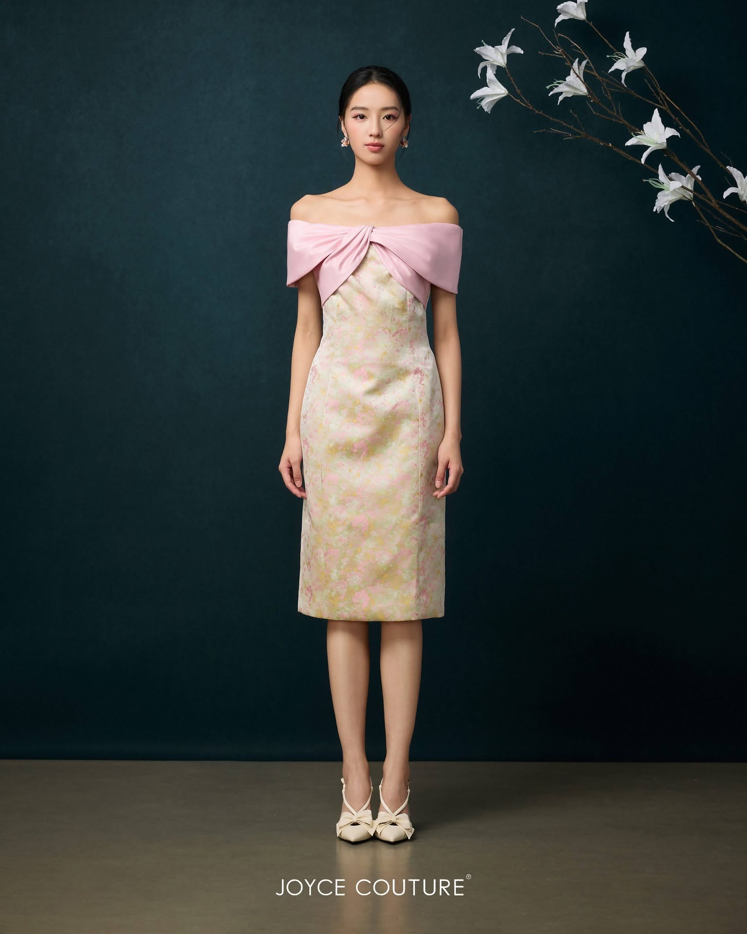 花卉锦缎中长连身裙 D0369