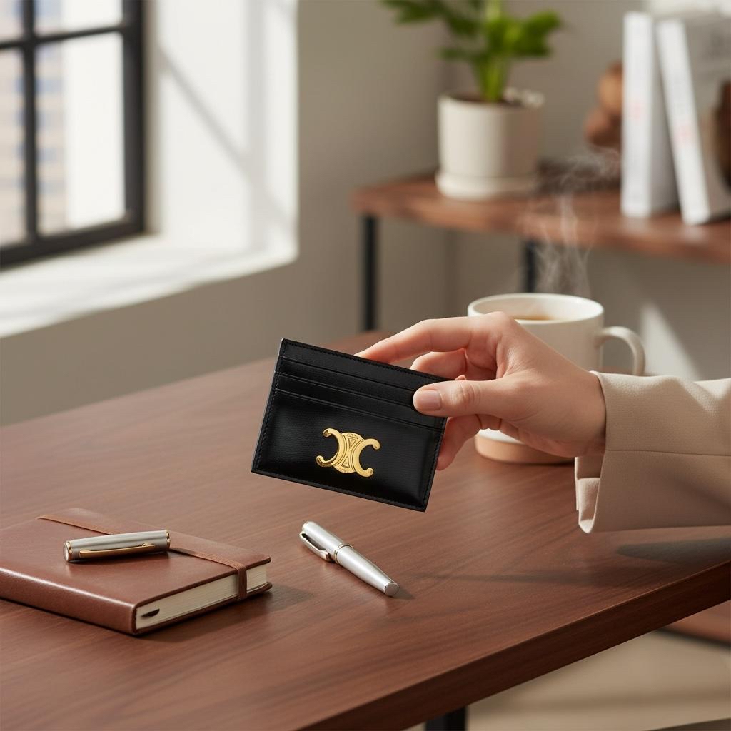 Unused-Celine Triomphe Card Holder Calfskin