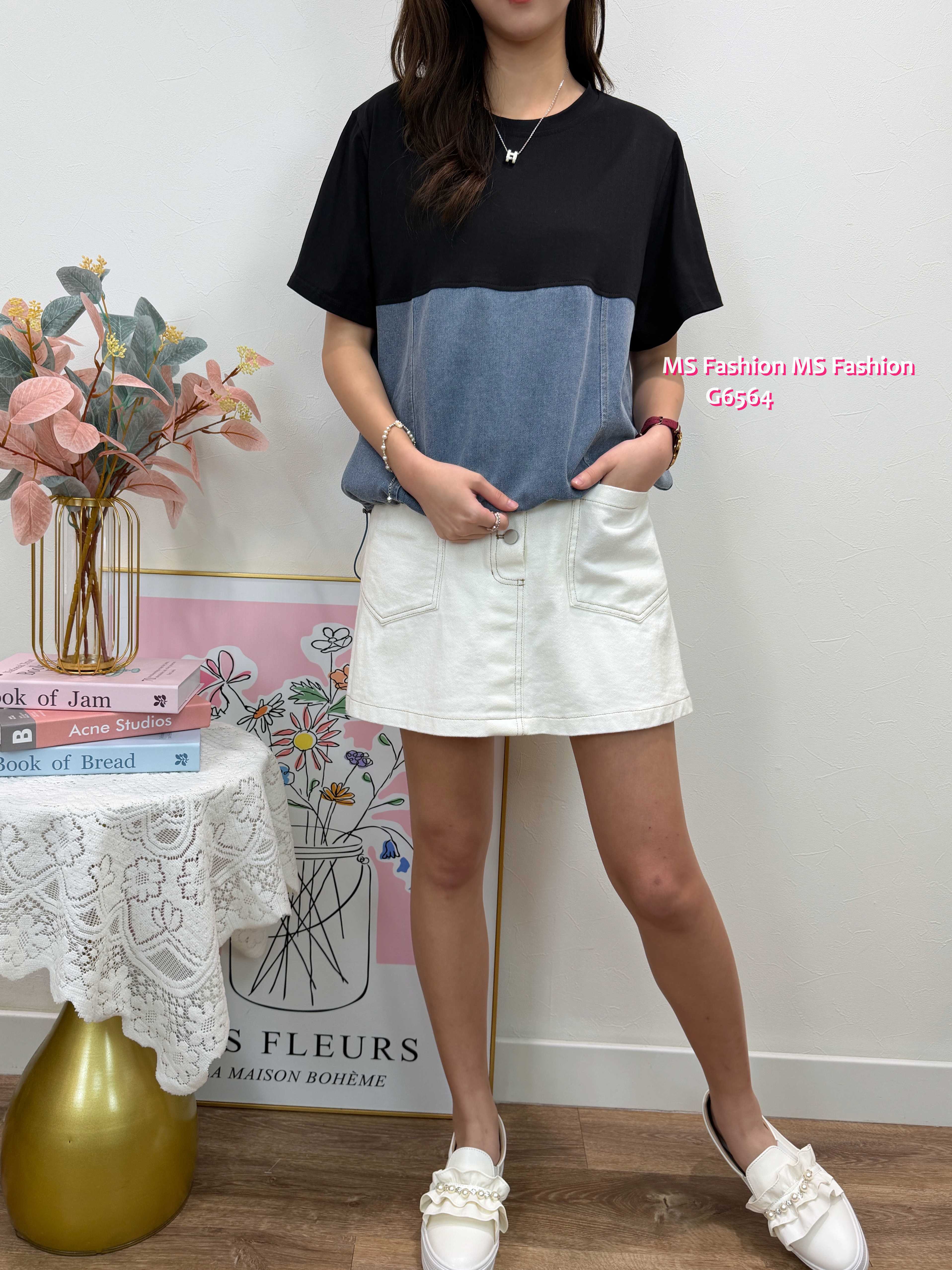 G6564 牛仔拼布top