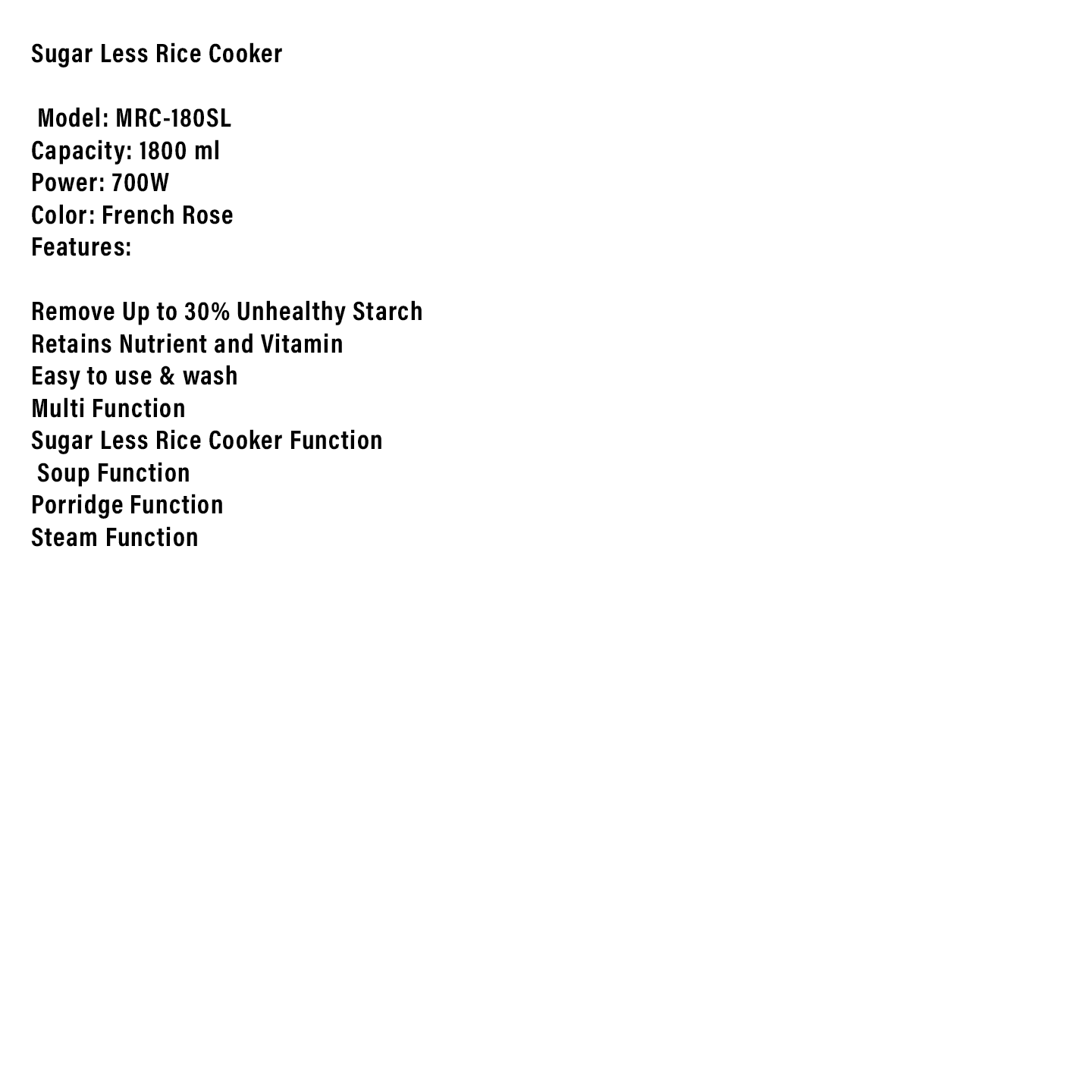 Milux 1.8L Sugar Less Rice Cooker (MRC-180SL)