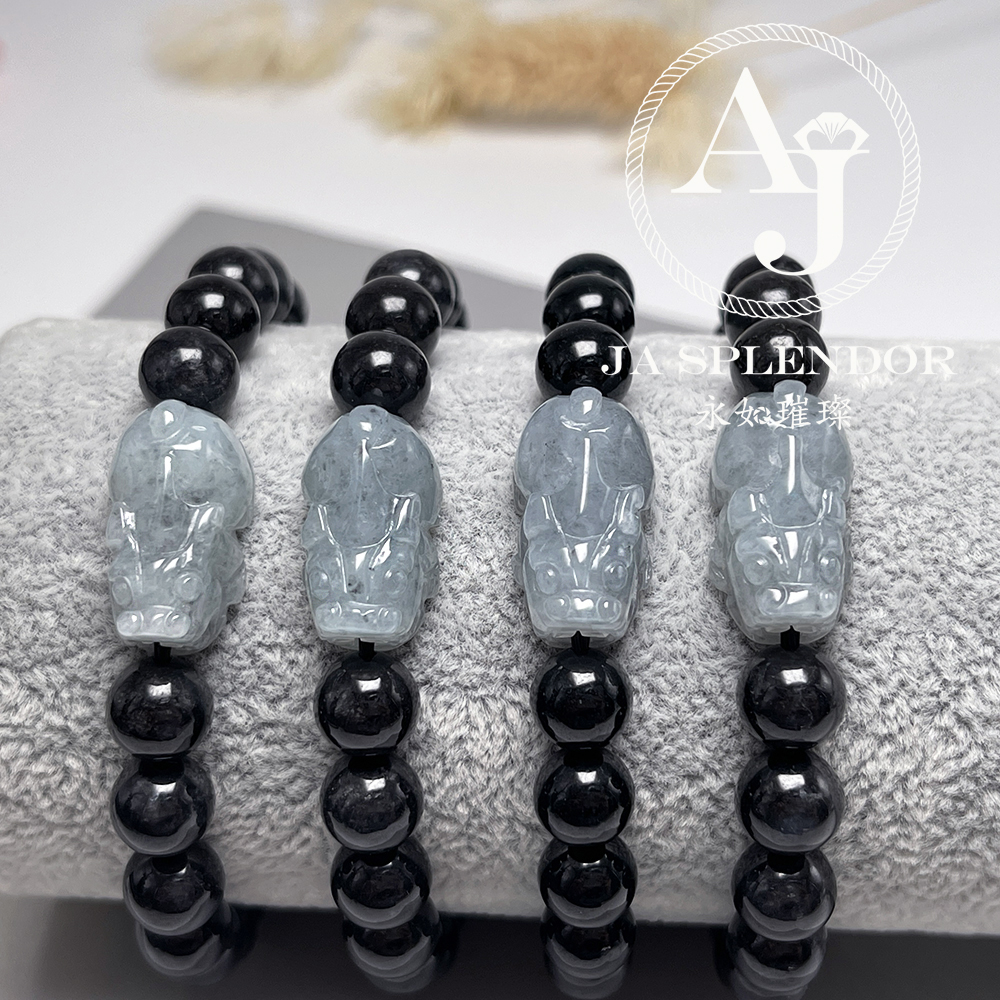 FBG26-H07 天然翡翠A玉 黑芝麻烏鷄招財鎮宅貔貅手串