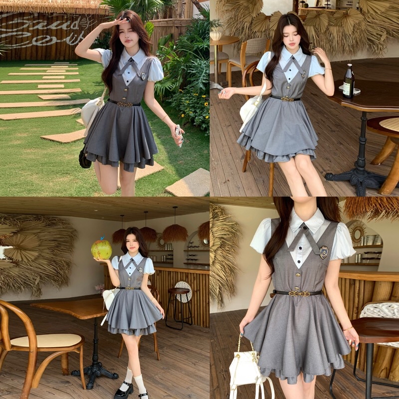 B206(8718) 韩系学院风假两件蓝拼灰下摆双层荷叶蓬蓬A字连身裙 