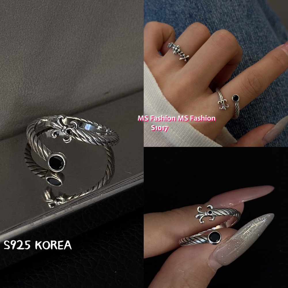S1017 韓國🇰🇷S925純銀黑羅心前開口戒指