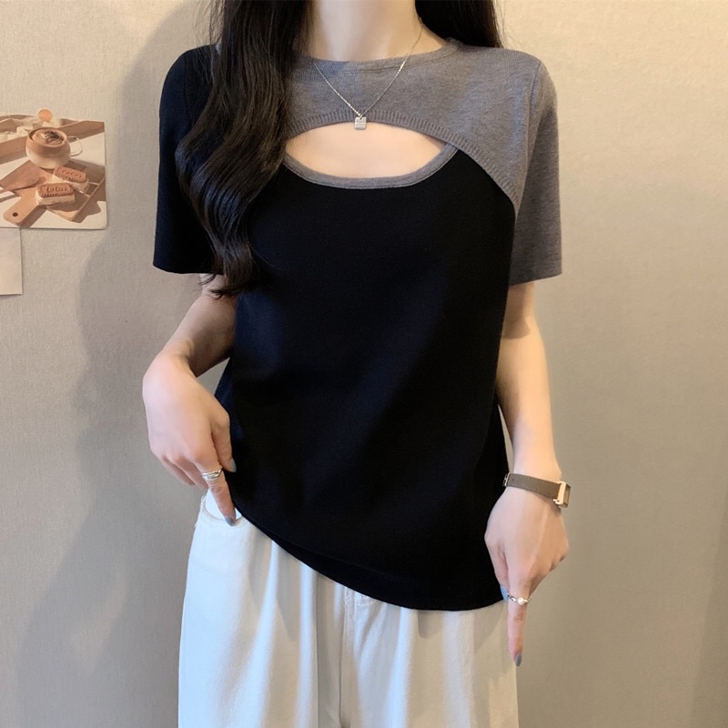 B02(882) 韩版气质拼接撞色肩袖前部镂空灰杏针织上衣