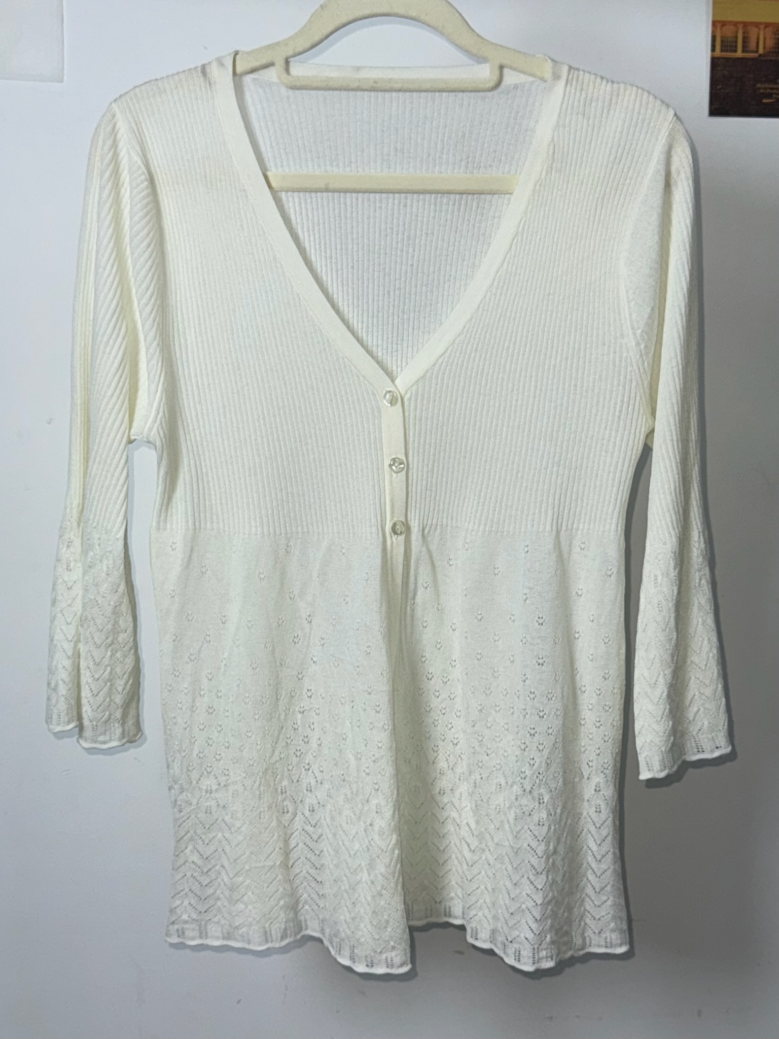 Cottagecore Off-White Ribbed Crochet Cardigan