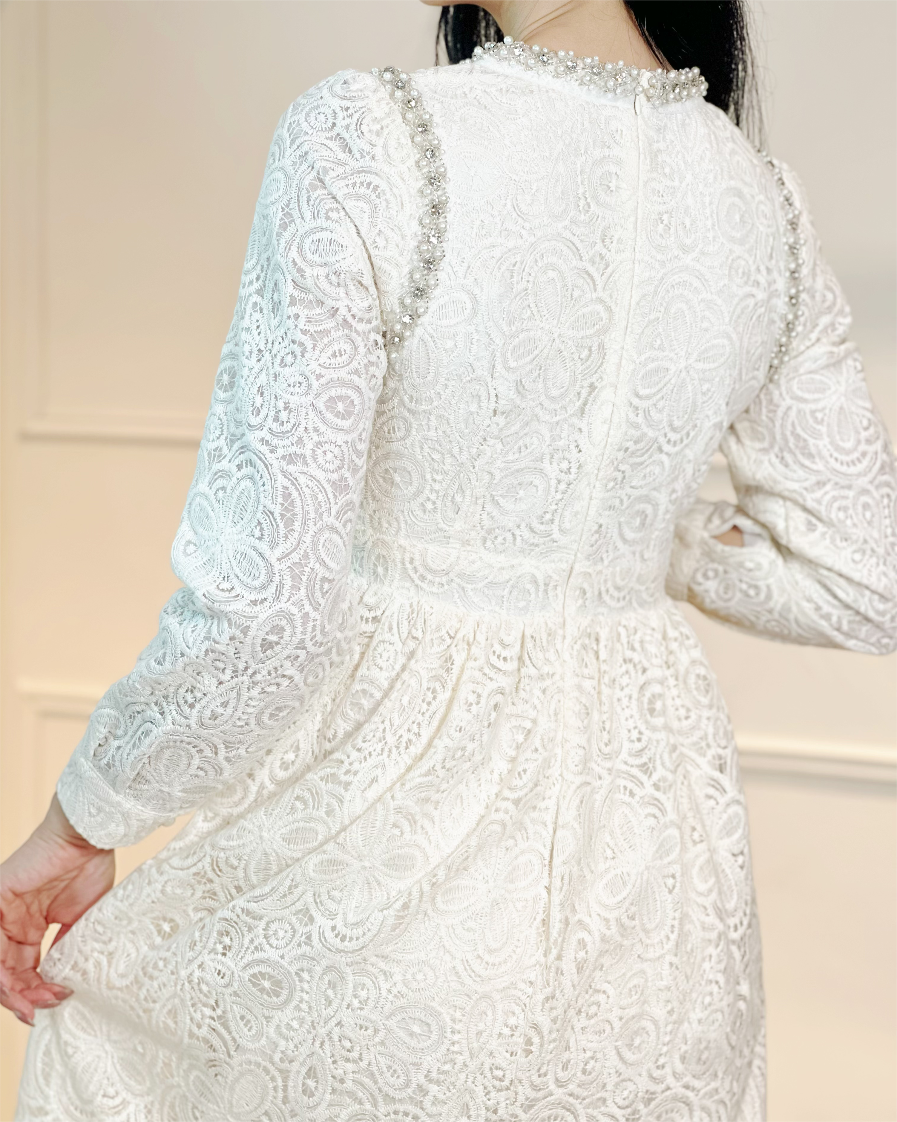 5079 Seraphina Pearl-Trim Lace Dress