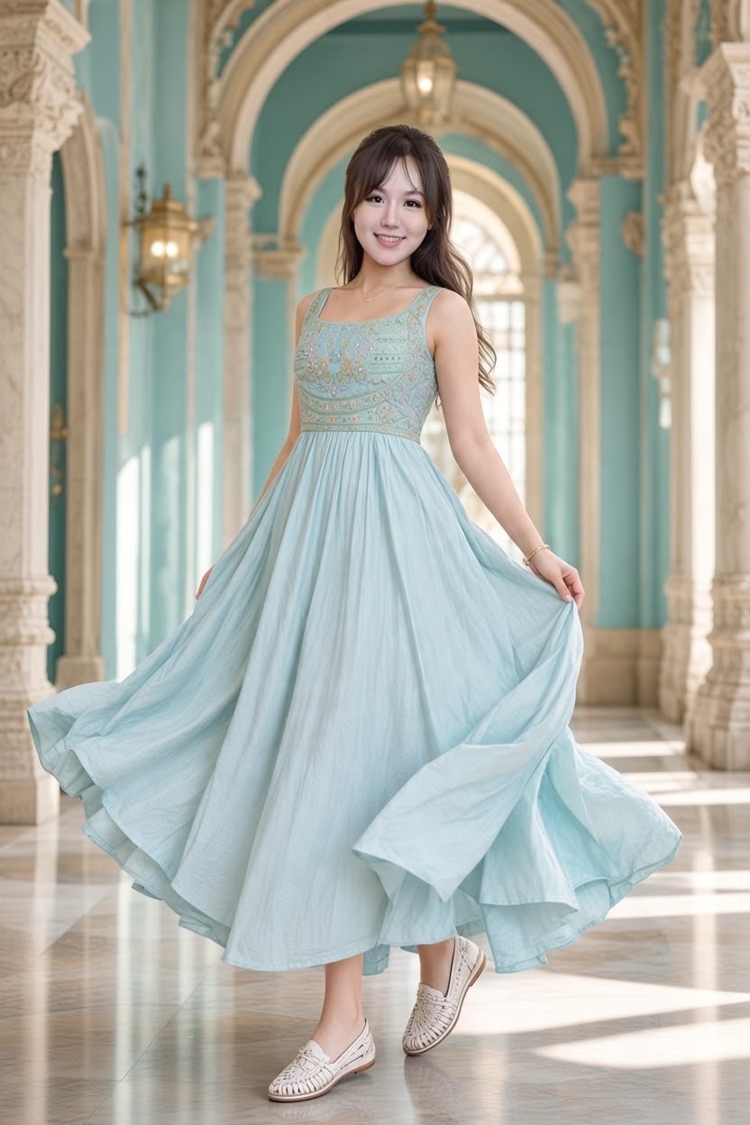 3508 Pastel Blue Full Emb With Pads Sleeveless OP