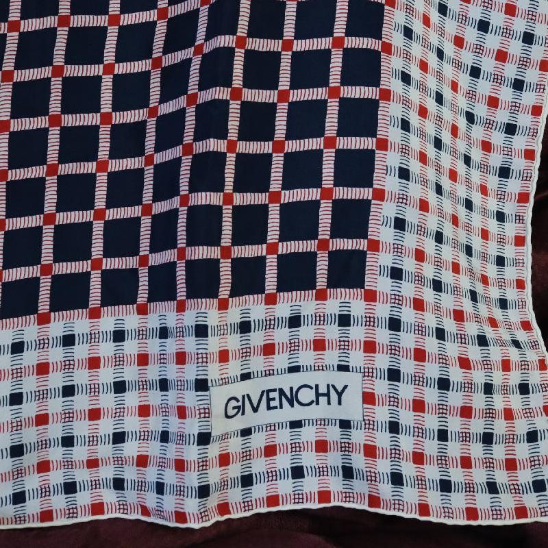Vintage Givenchy Chic and Stylish Trio Colour Checked Pattern 100% Silk Neck Scarf with Hand Rolled Edge - 31" (MT1623-1)