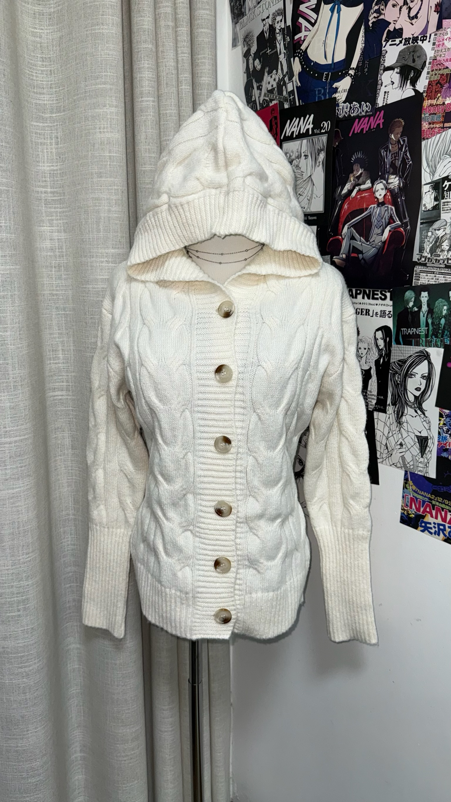White Cable-Knit Hooded Cardigan