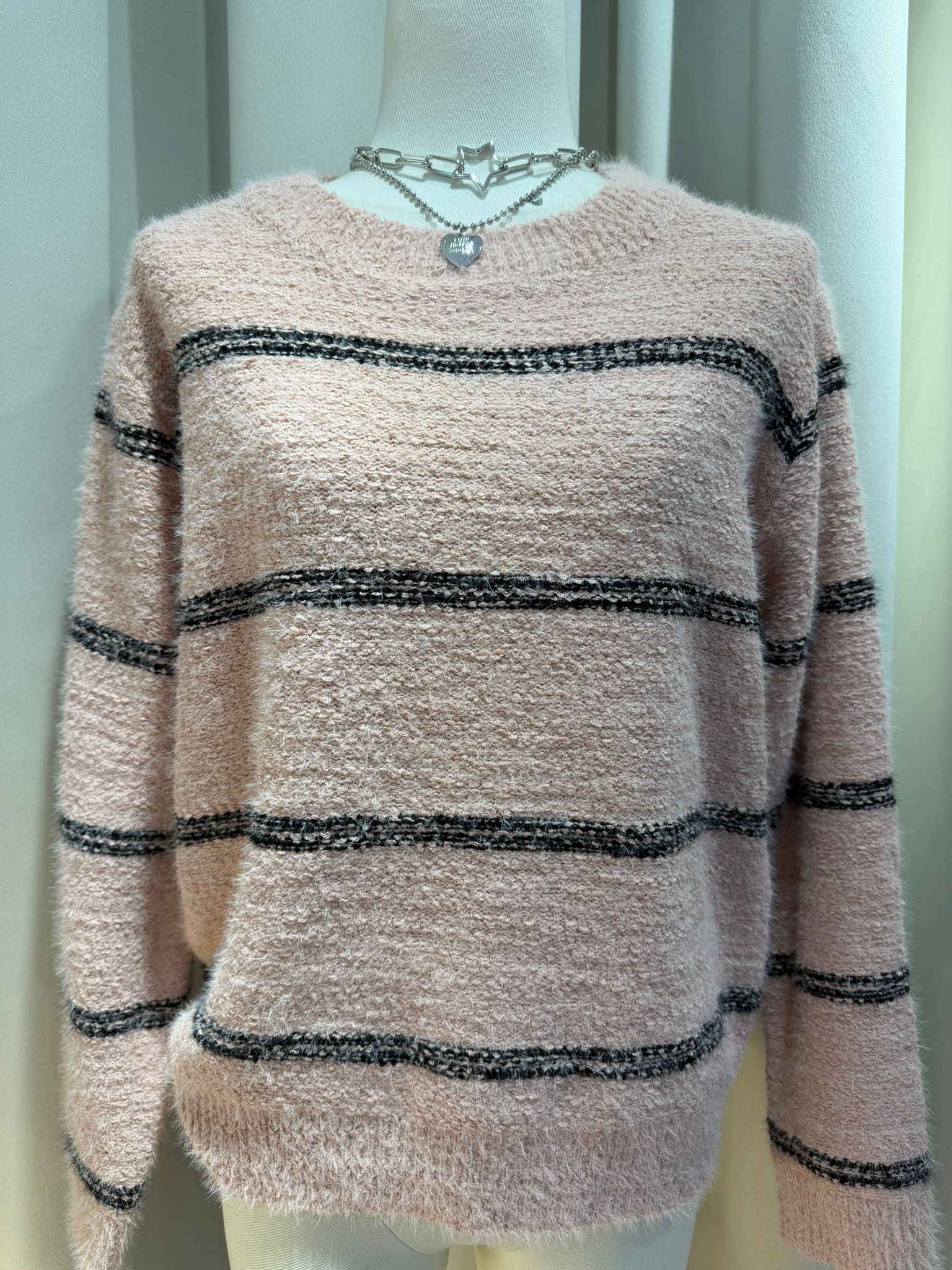 粉色條紋毛絨針織衫