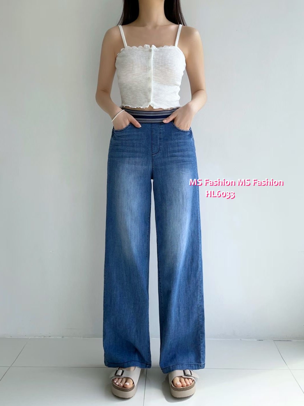 HL6033 韓國🌼Howluk拼色橡筋腰闊筒牛