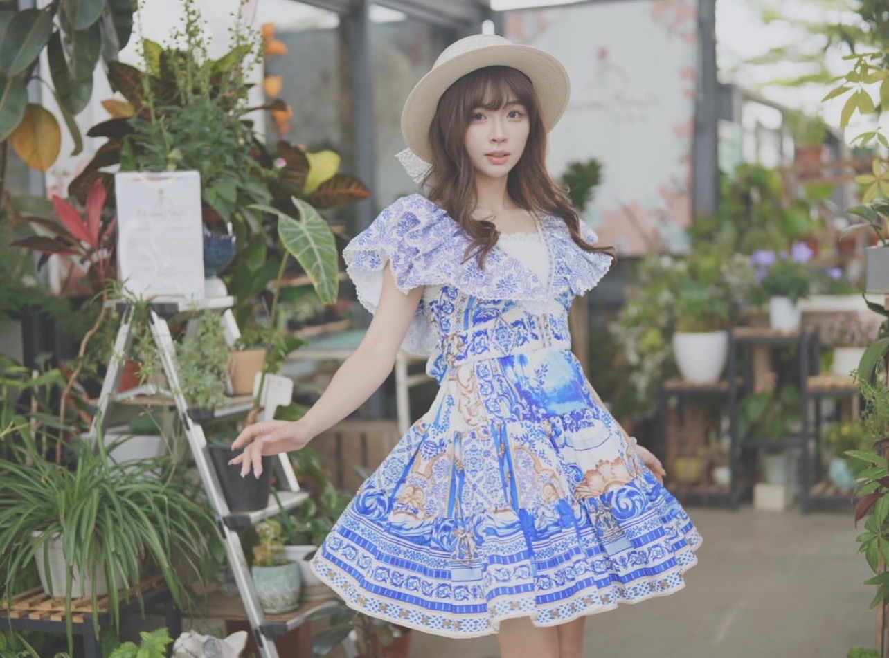 歐美風藍白/紅白印花連衣裙