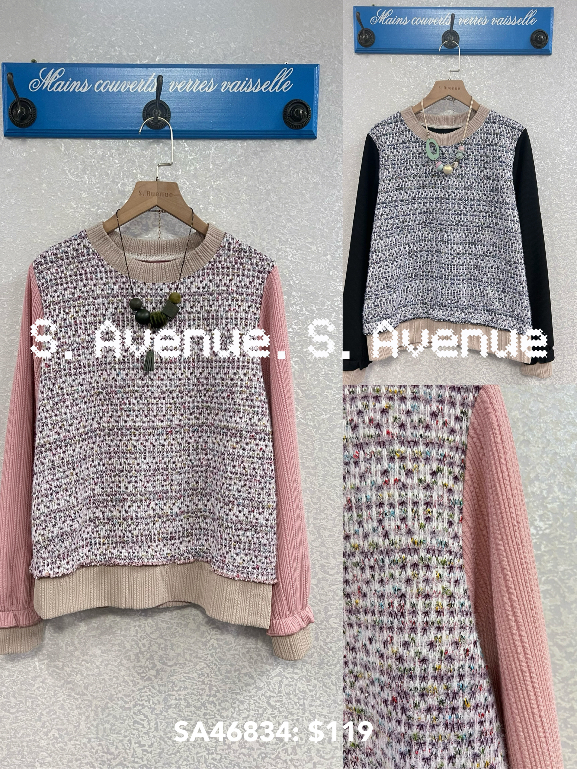 SA46834: 長袖撞色邊中間拼織布料top