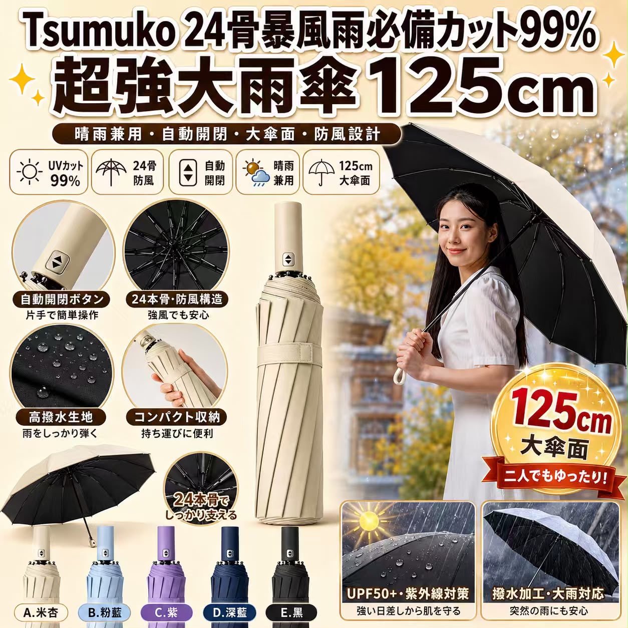 【預訂】暴風雨必備 Tsumuko 24骨超強大雨傘 125cm