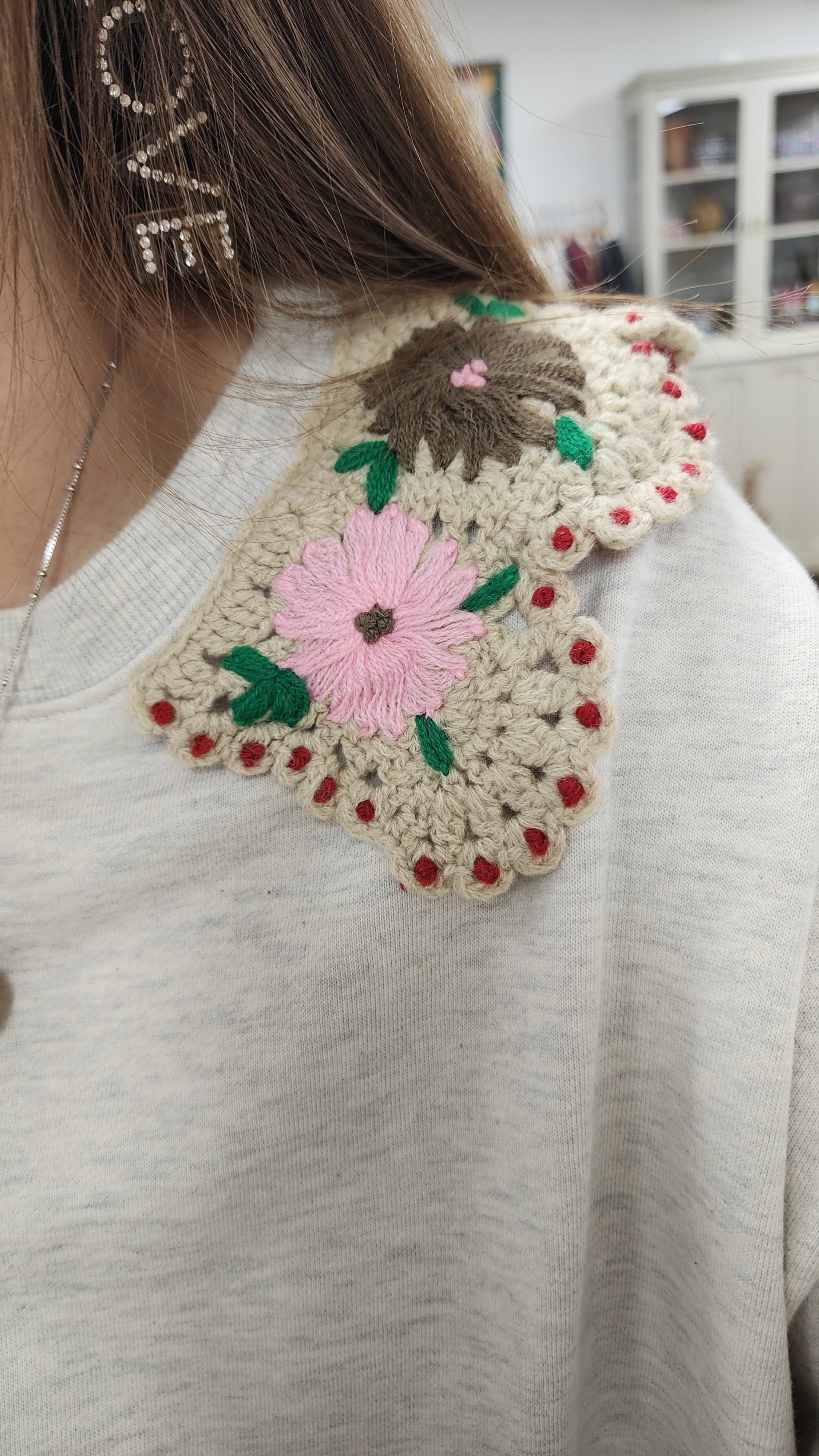 韓國燕麥拼啡皺布勾花領連身裙