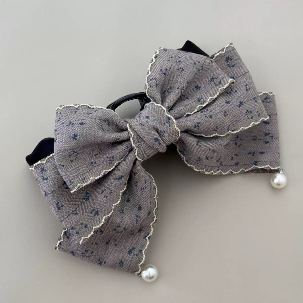 牛仔小碎花珍珠蝴蝶结抓夹｜Denim Floral Pearl Bow Hair Claw