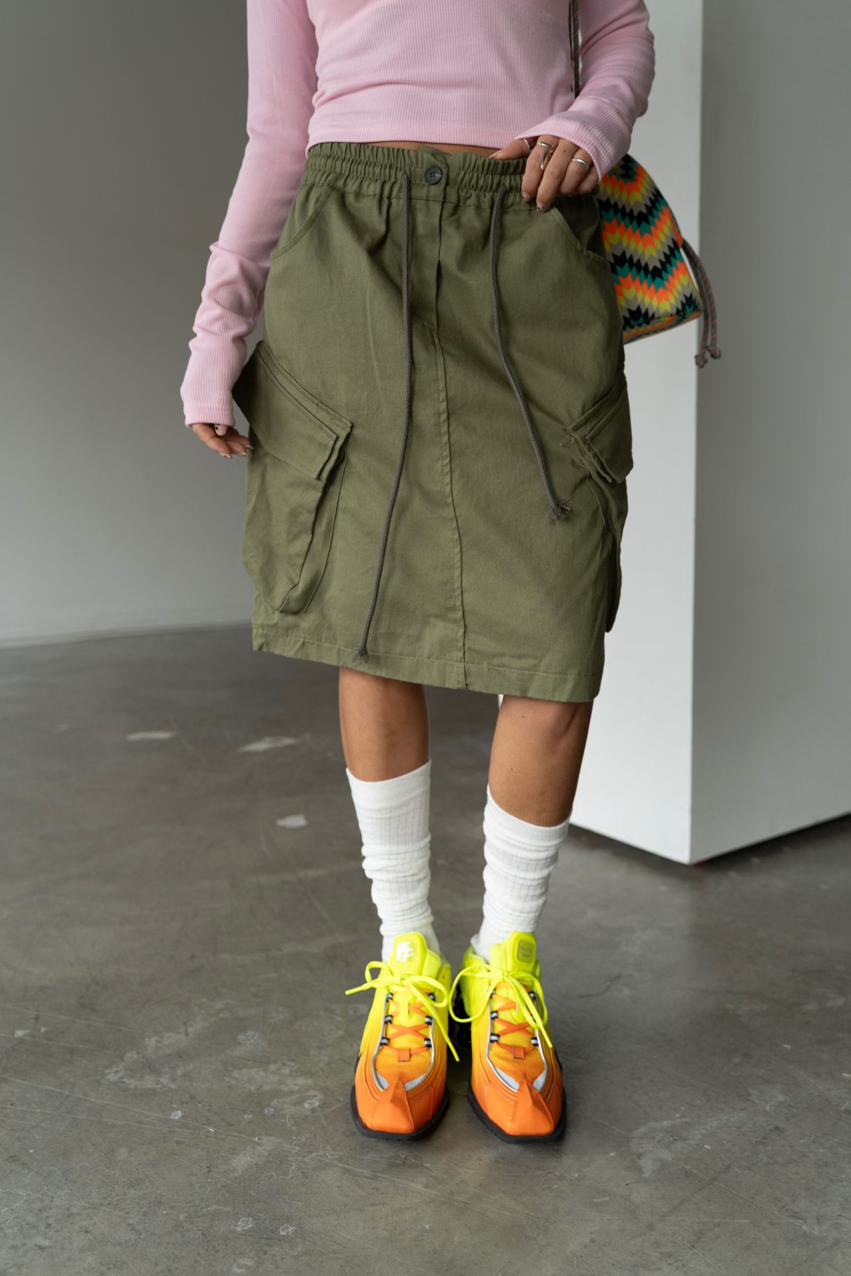 橡筋腰斜布工裝短裙