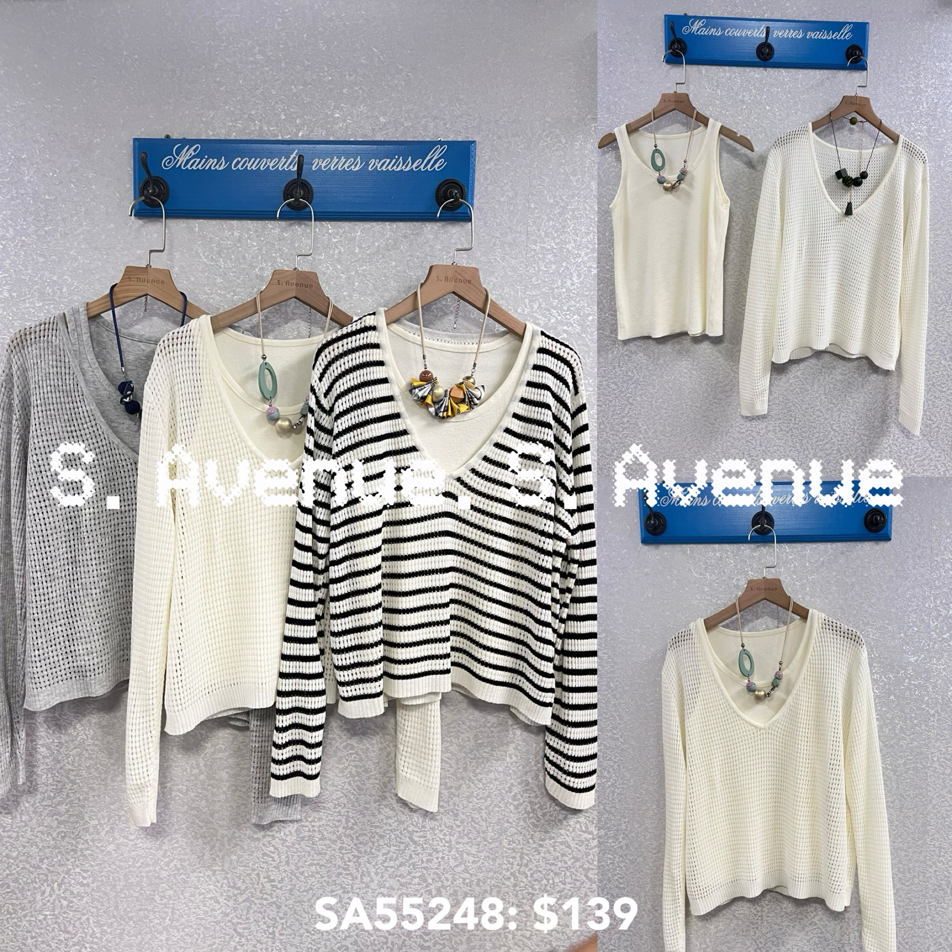 SA55248: 長袖V領通花線top+背心套裝