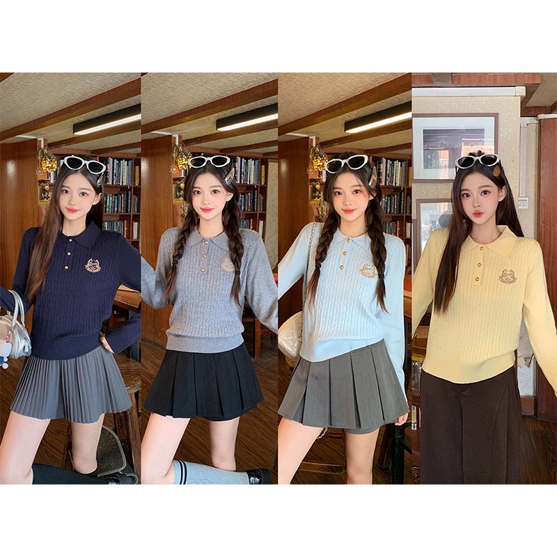 B54(3908) 韩版学院风校徽LOGO麻花纹翻领4色针织上衣