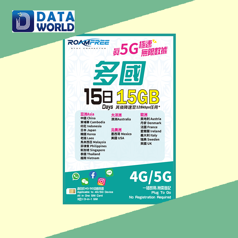 Roamfree X 3HK 4G/5G 多國15日15GB無限數據卡