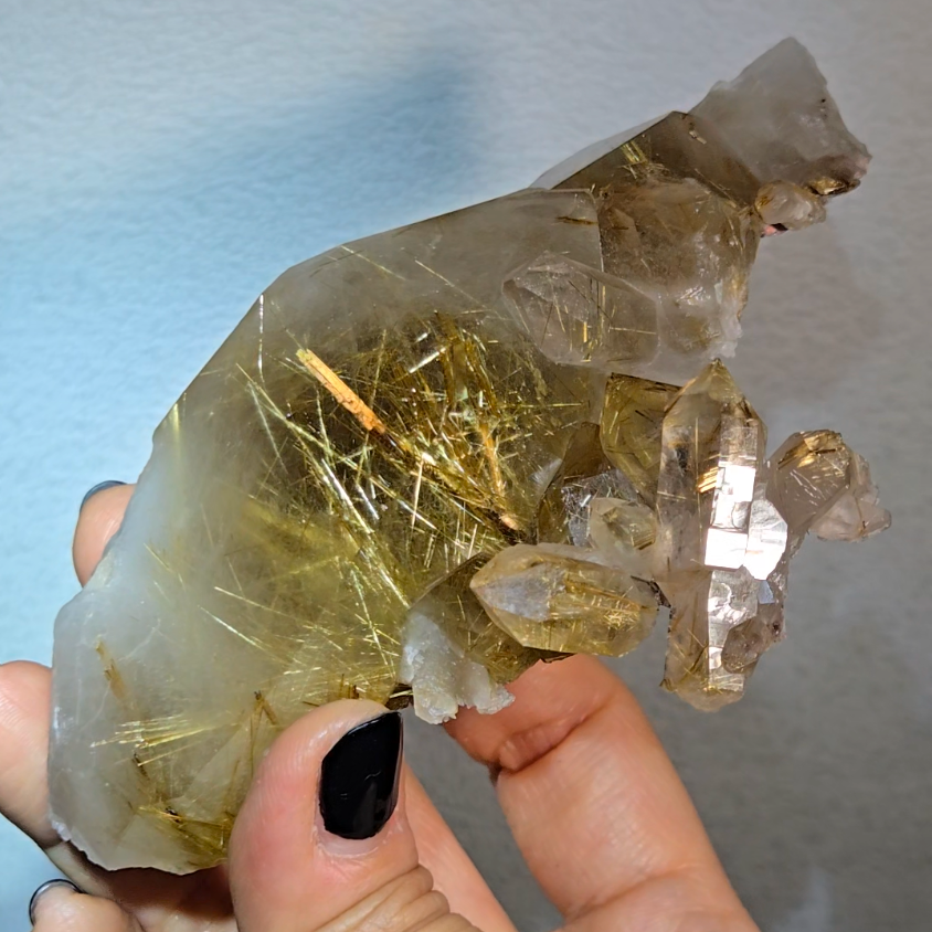 Golden titanium rutiles on black hematite in quartz cluster - RT1443