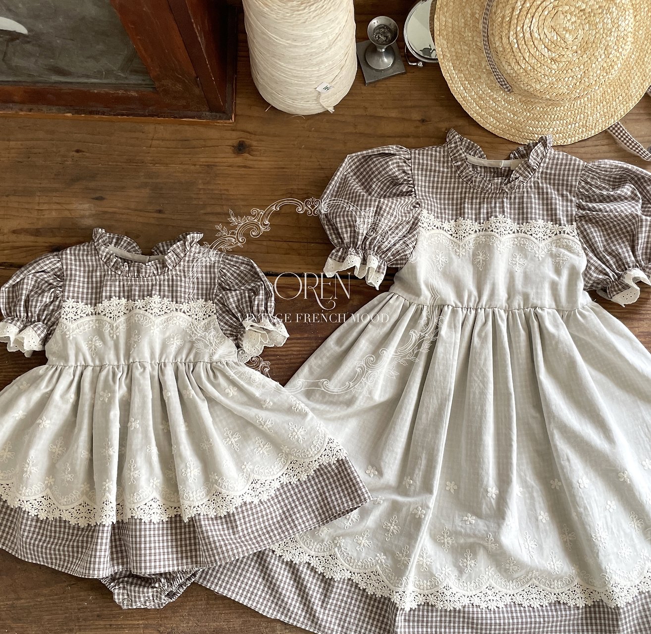 ☀️預訂 韓國直送☀️🇰🇷Oren Zegna蕾絲圍裙格紋短袖包屁裙