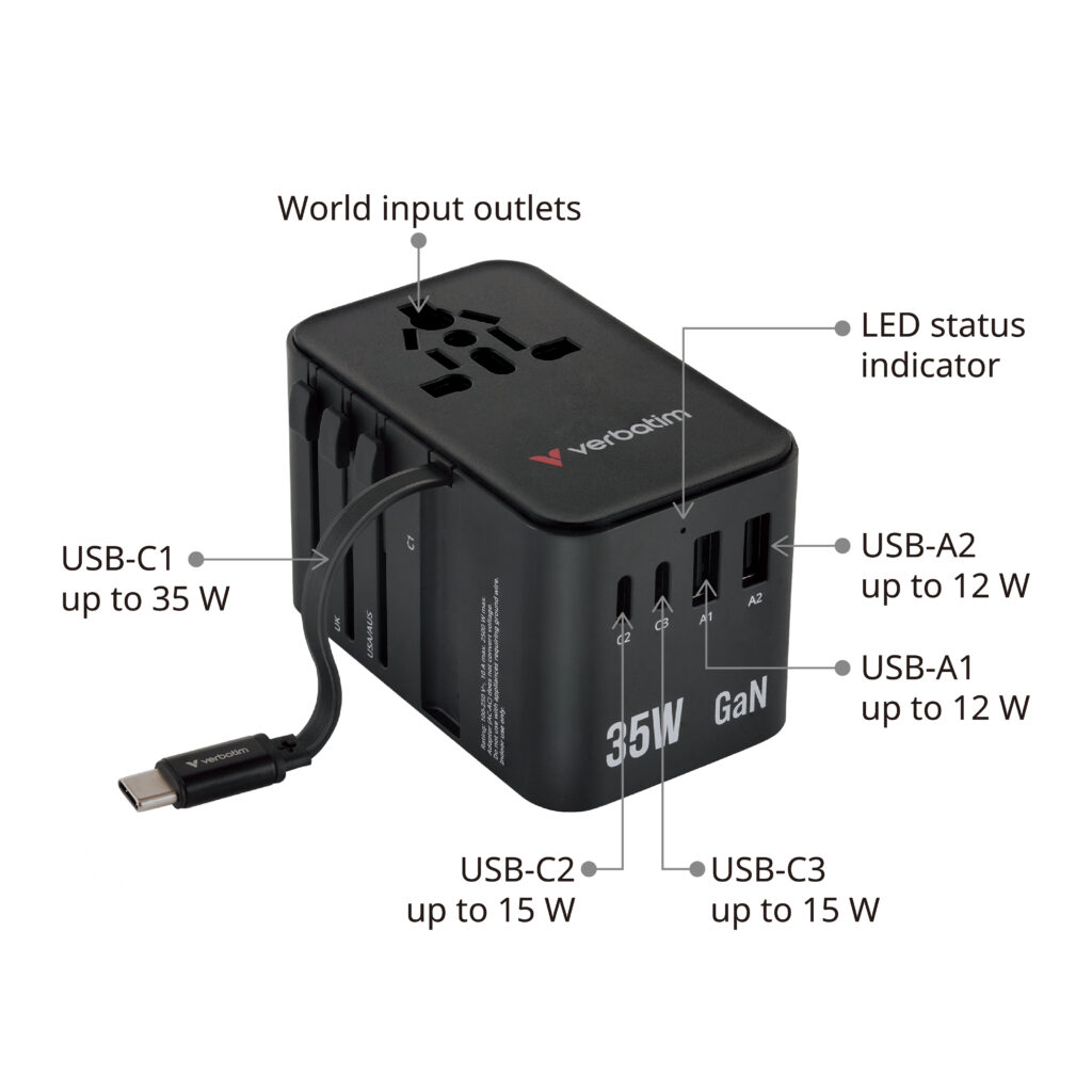香港行貨 2年保養 威寶 Verbatim 35W 通用旅行轉插 旅行充電器 (附USB-C可伸縮充電線) 30244
