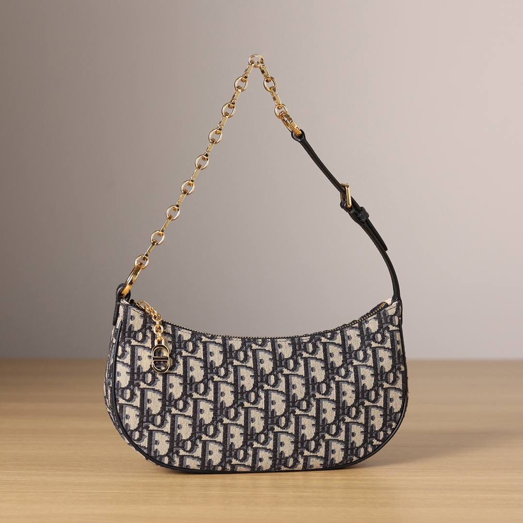 CD LOUNGE 手袋蓝色 Oblique 印花👜✨ 独家渠道货 独家腋下包老花 尺寸：26 x 15 x 5.5 厘米 这款 CD Lounge 手袋是2023夏季新品，彰显 Dior 的现代审美与高订风范。 采用蓝色 Oblique 印花面料精心制作，突显 Dior 经典图案。 经典链条与皮革搭配，交替饰以金色饰面金属和同色调珐琅链环，可折叠设计，可肩背或手提。 拉链开合搭配 CD 拉链头 可调节肩带，链条部分由金色饰面金属和与皮革同色调的珐琅 CD 链环组成，搭配皮革带 内含防尘袋