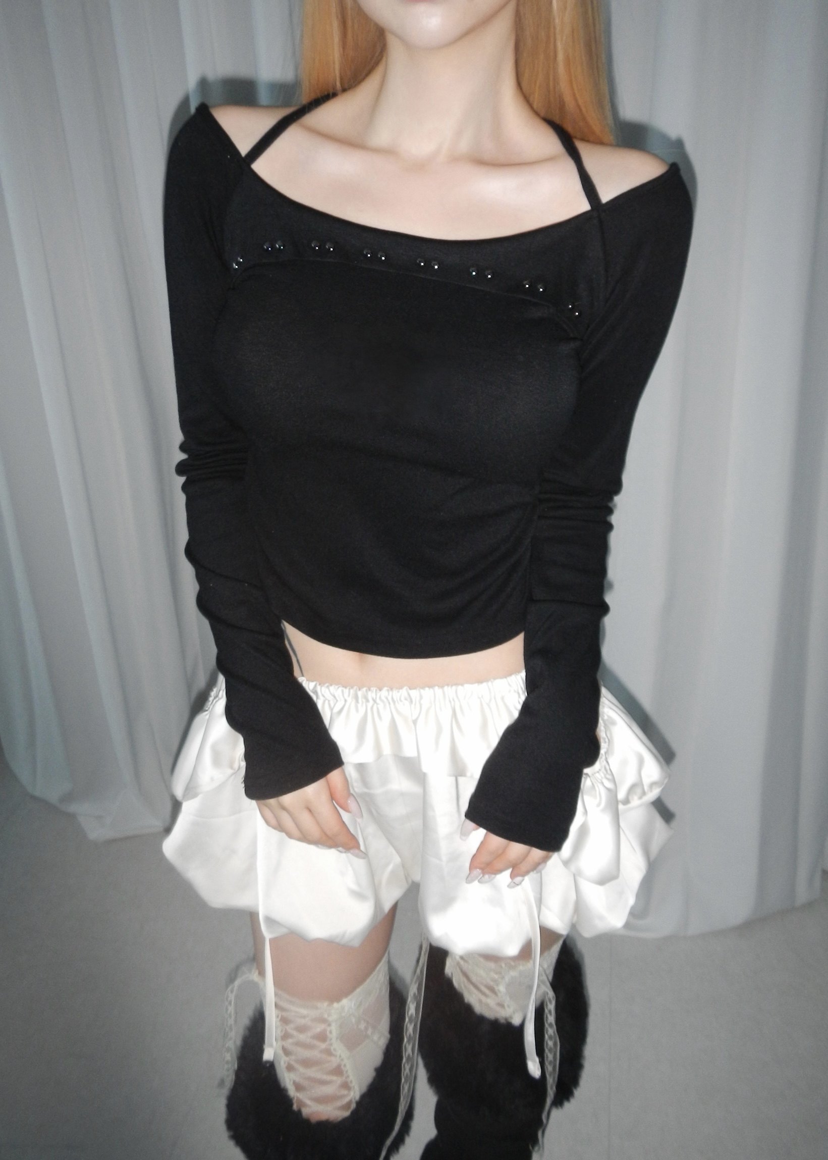 Studded Off-Shoulder Halter Neck Top